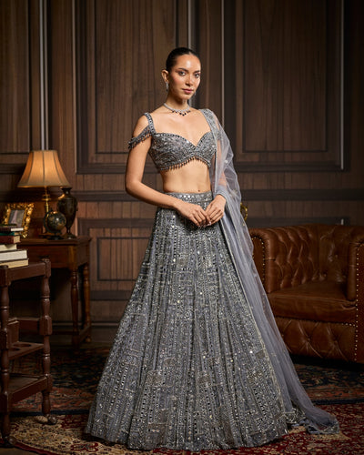 Briee Gunmetal Embellished Mirrorwork Lehenga Set