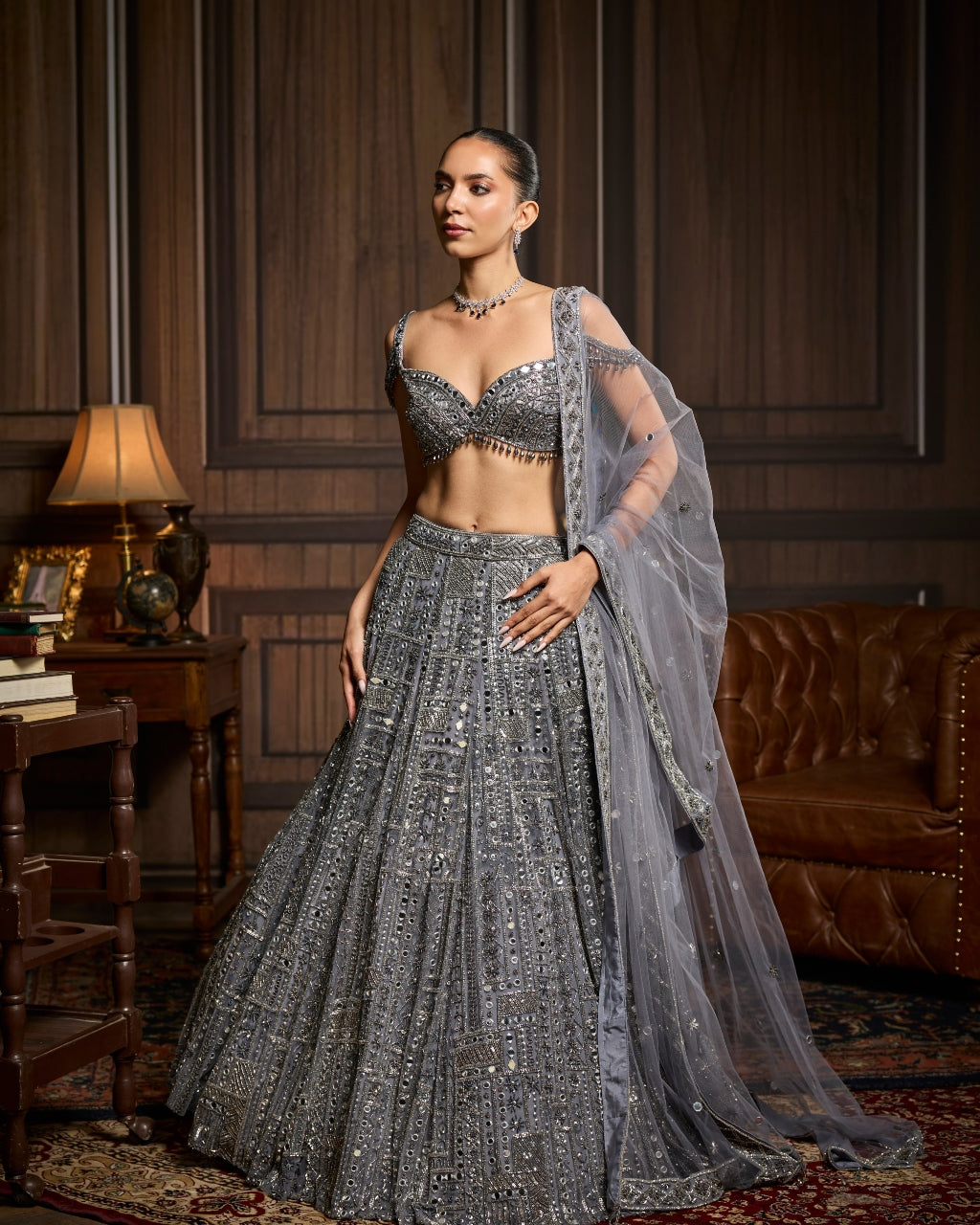 Briee Gunmetal Embellished Mirrorwork Lehenga Set