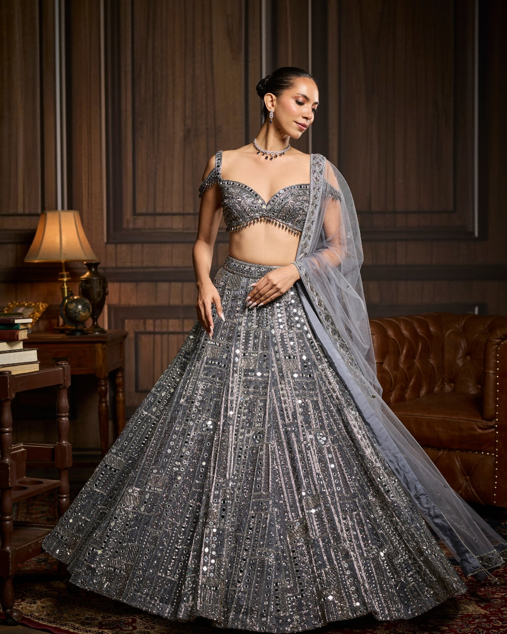 Briee Gunmetal Embellished Mirrorwork Lehenga Set