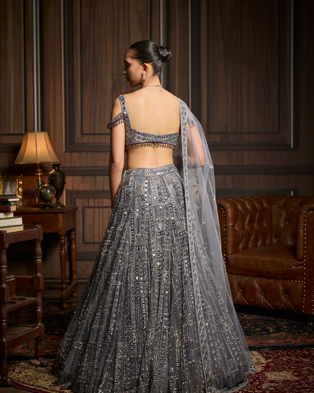 Briee Gunmetal Embellished Mirrorwork Lehenga Set