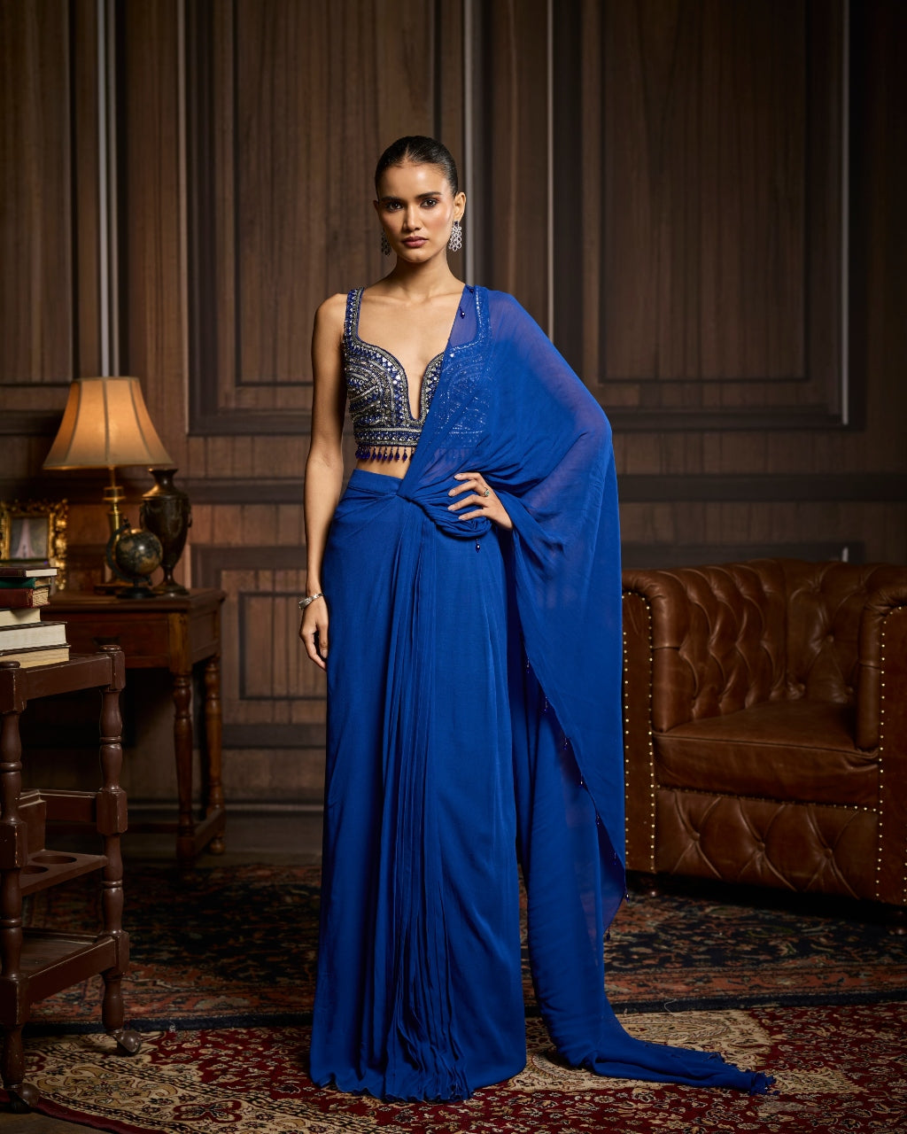 Lisa Electric Blue Embellished Blouse And Pre-Draped Dhoti Sari Set