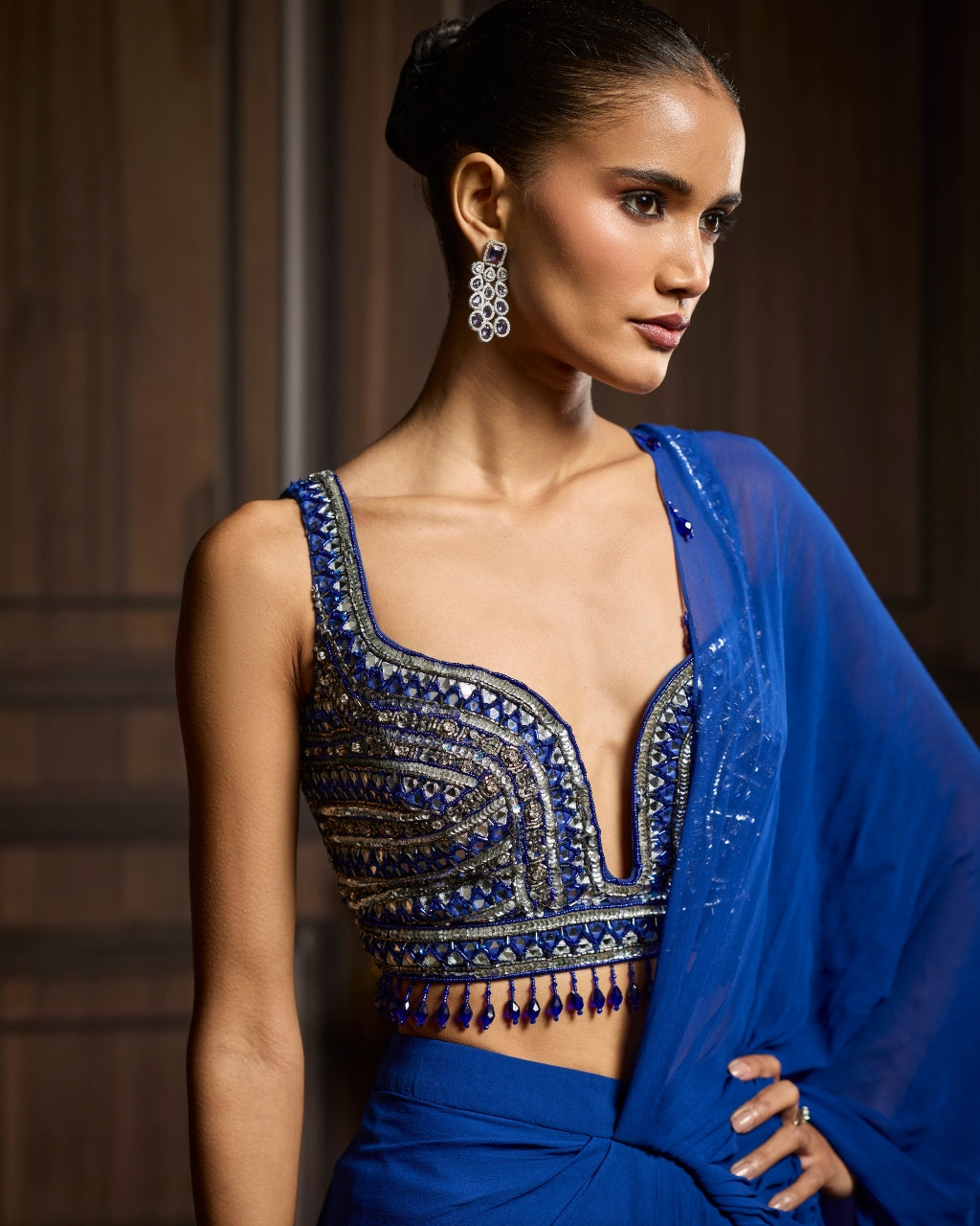 Lisa Electric Blue Embellished Blouse And Pre-Draped Dhoti Sari Set