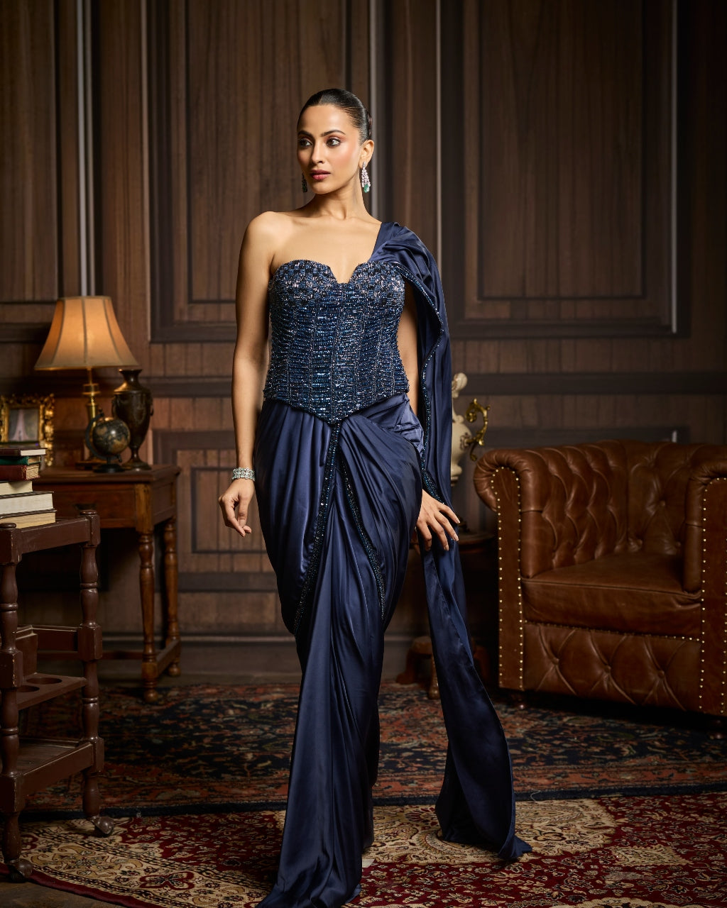 Reha Midnight Blue Embellished Corset And Solid Draped Dhoti Sari Set