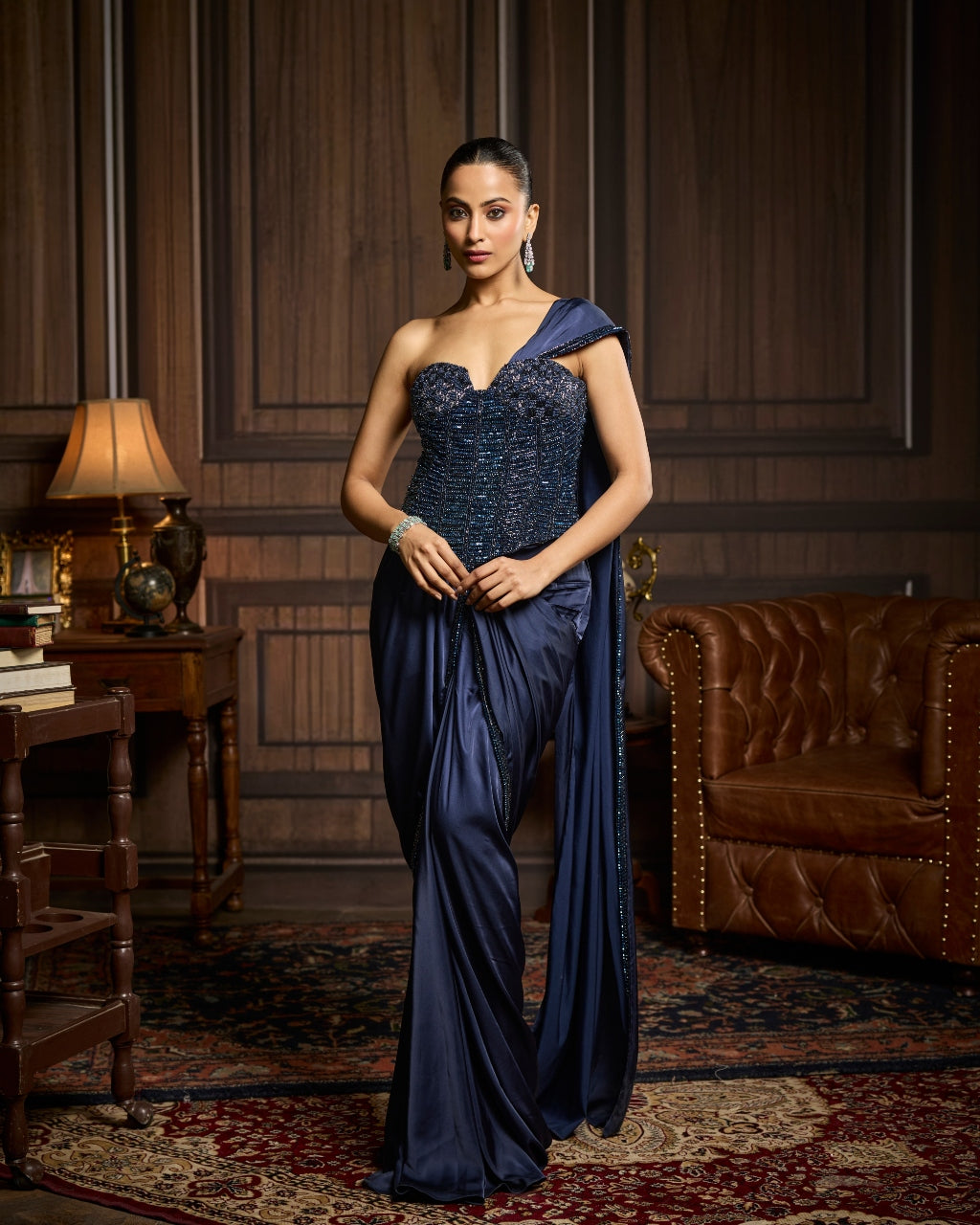 Reha Midnight Blue Embellished Corset And Solid Draped Dhoti Sari Set