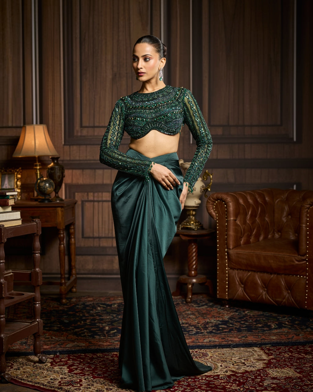 Jeannette Emerald Green Embroidered Blouse And Draped Skirt Set
