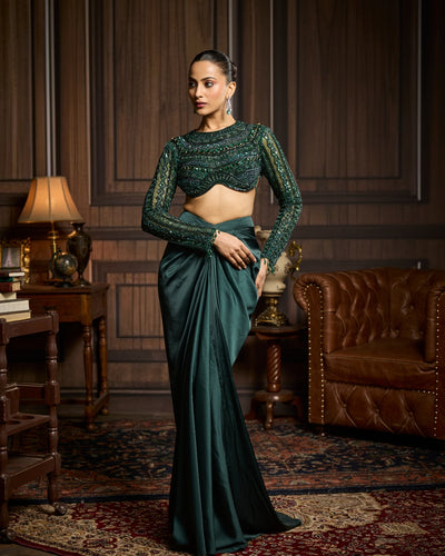 Jeannette Emerald Green Embroidered Blouse And Draped Skirt Set