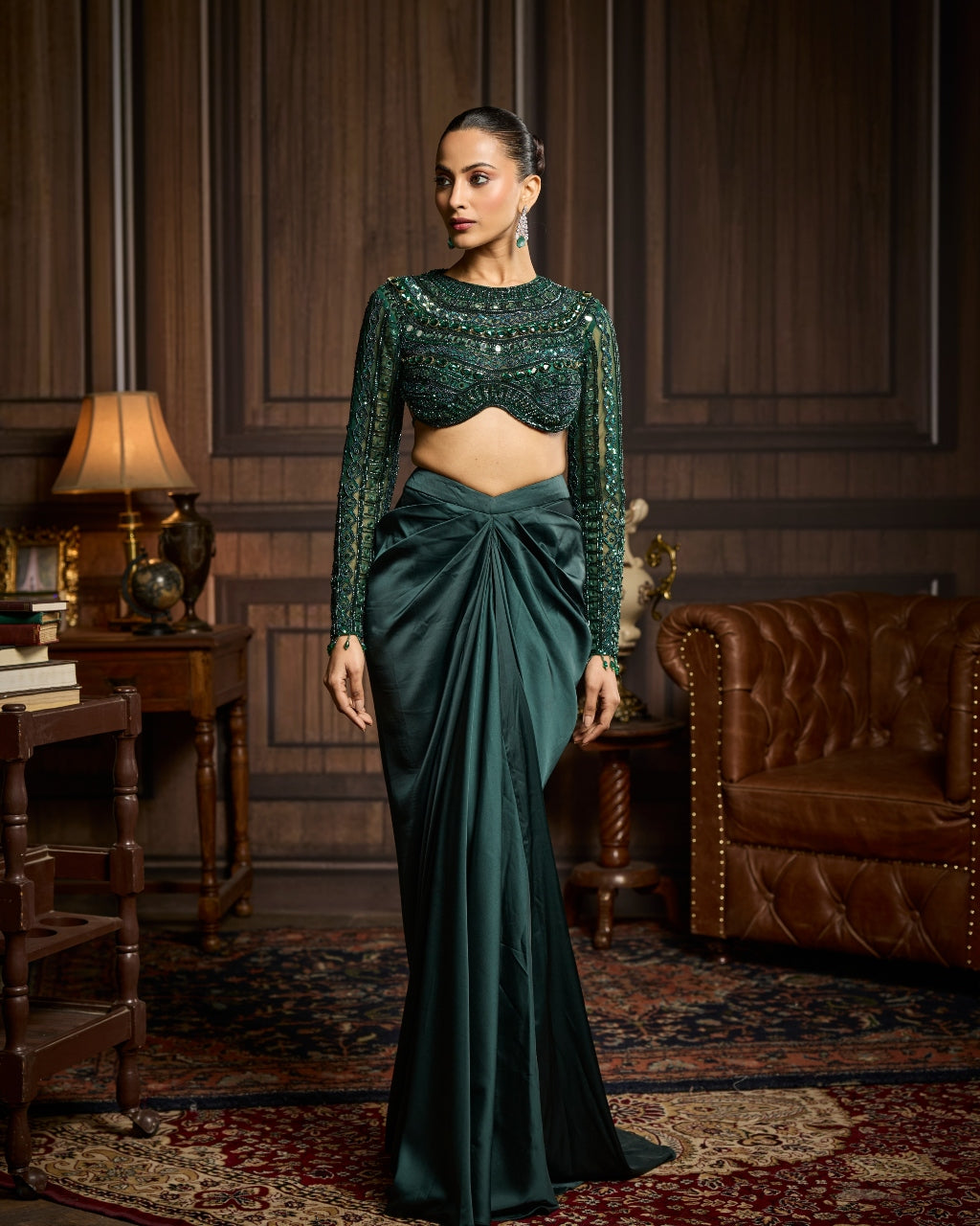 Jeannette Emerald Green Embroidered Blouse And Draped Skirt Set
