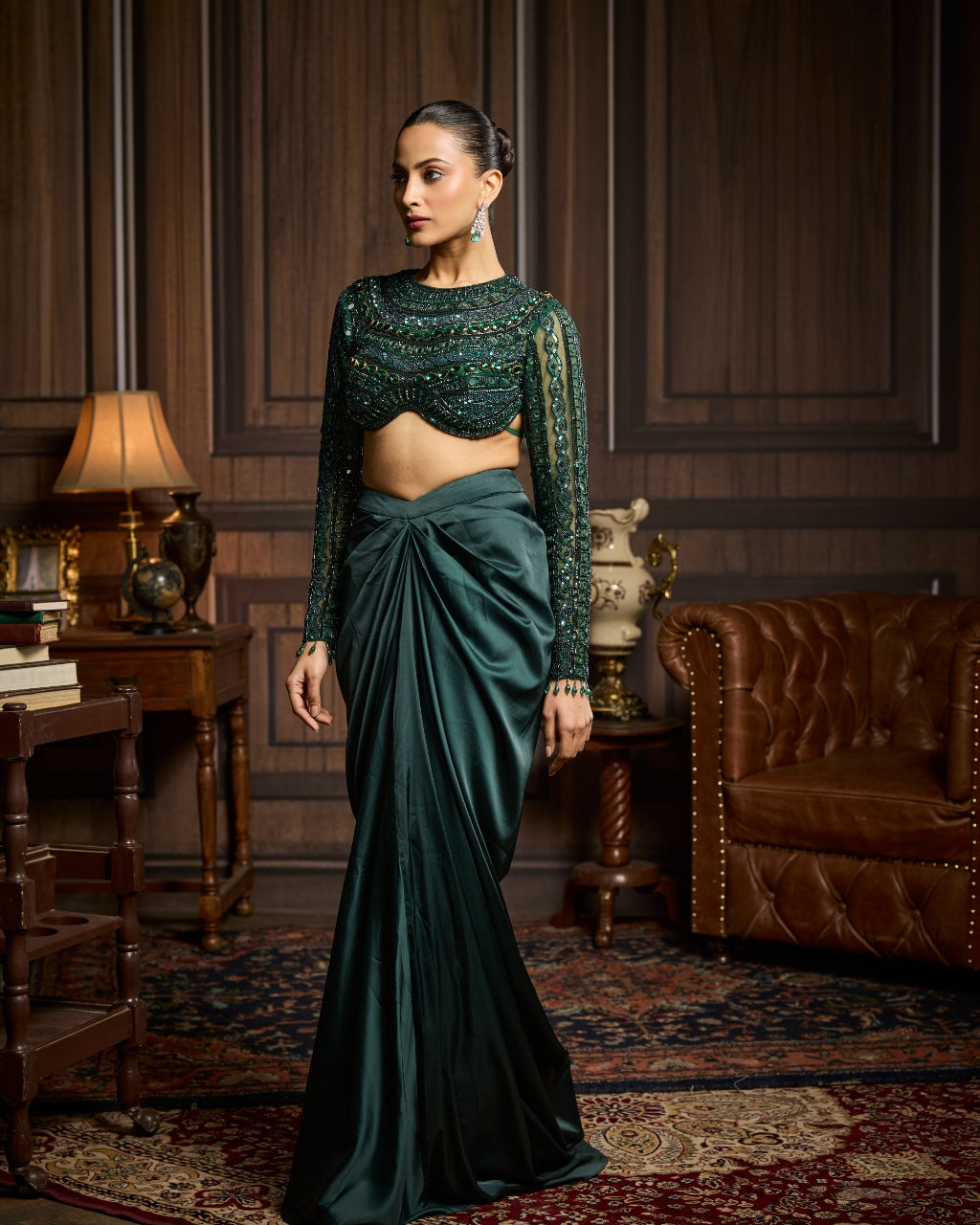 Jeannette Emerald Green Embroidered Blouse And Draped Skirt Set