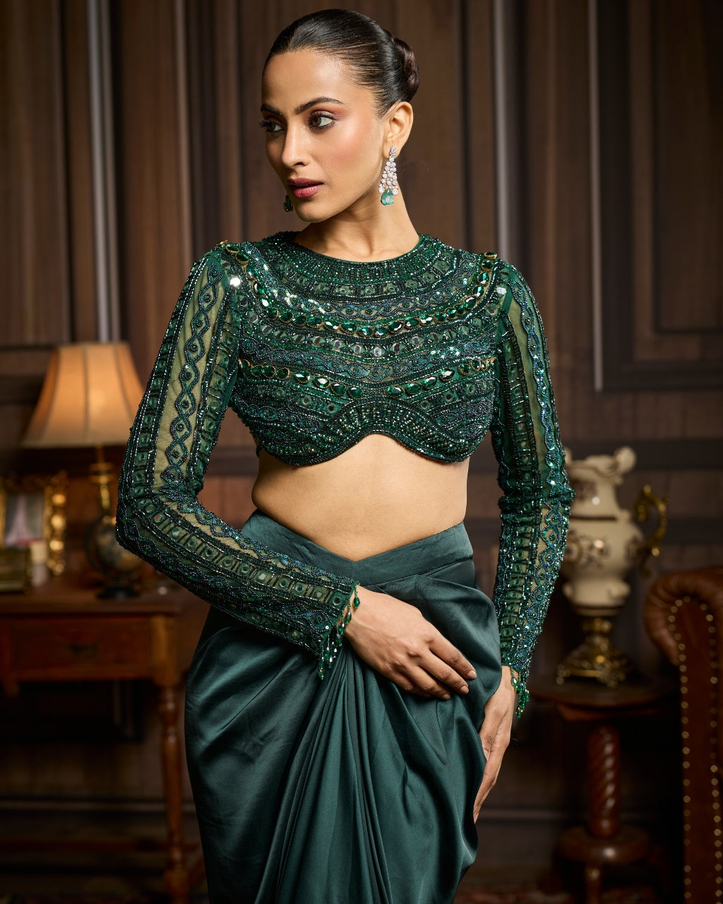 Jeannette Emerald Green Embroidered Blouse And Draped Skirt Set