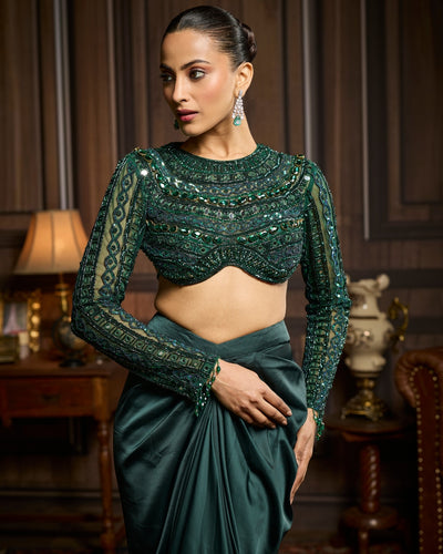 Jeannette Emerald Green Embroidered Blouse And Draped Skirt Set