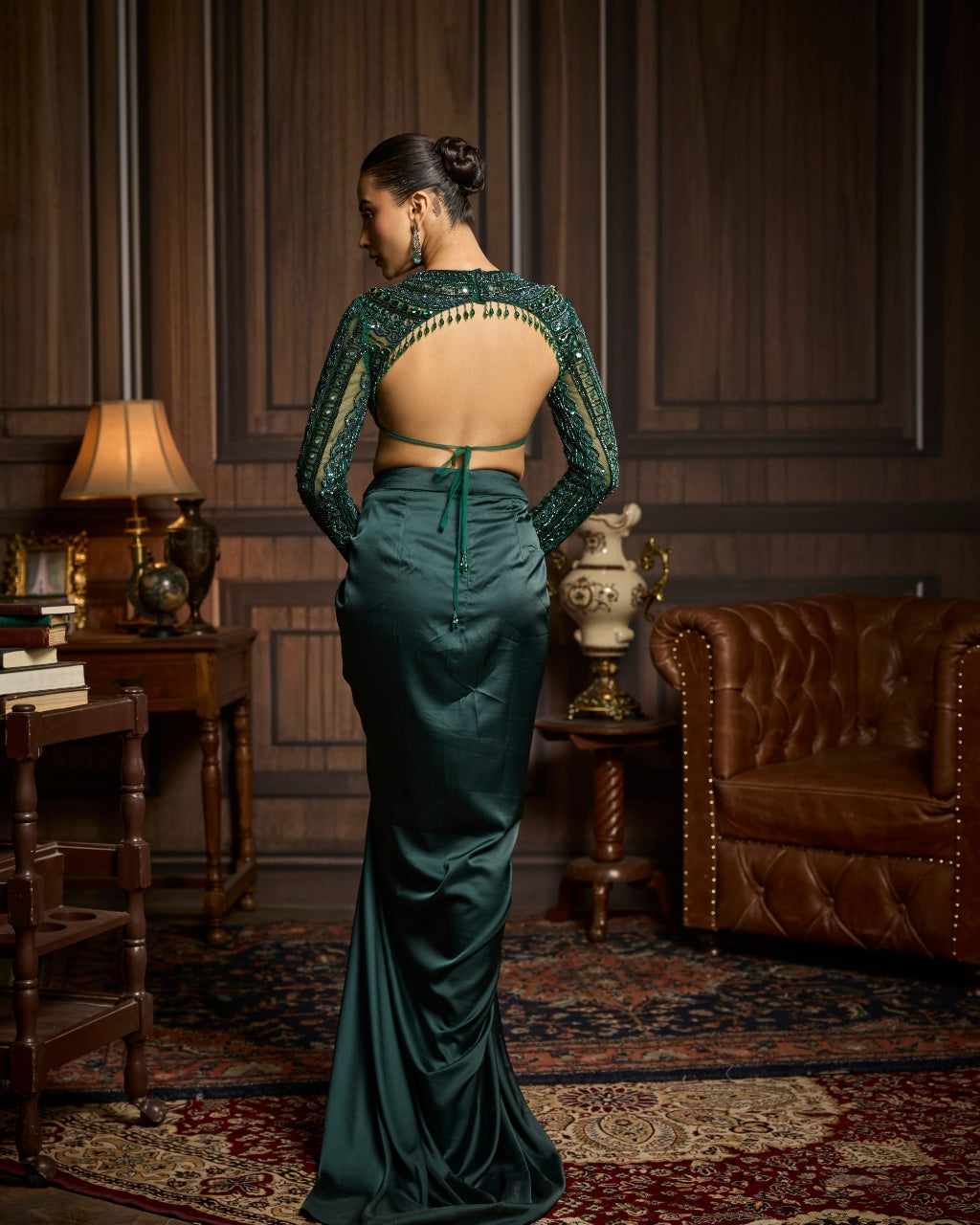 Jeannette Emerald Green Embroidered Blouse And Draped Skirt Set