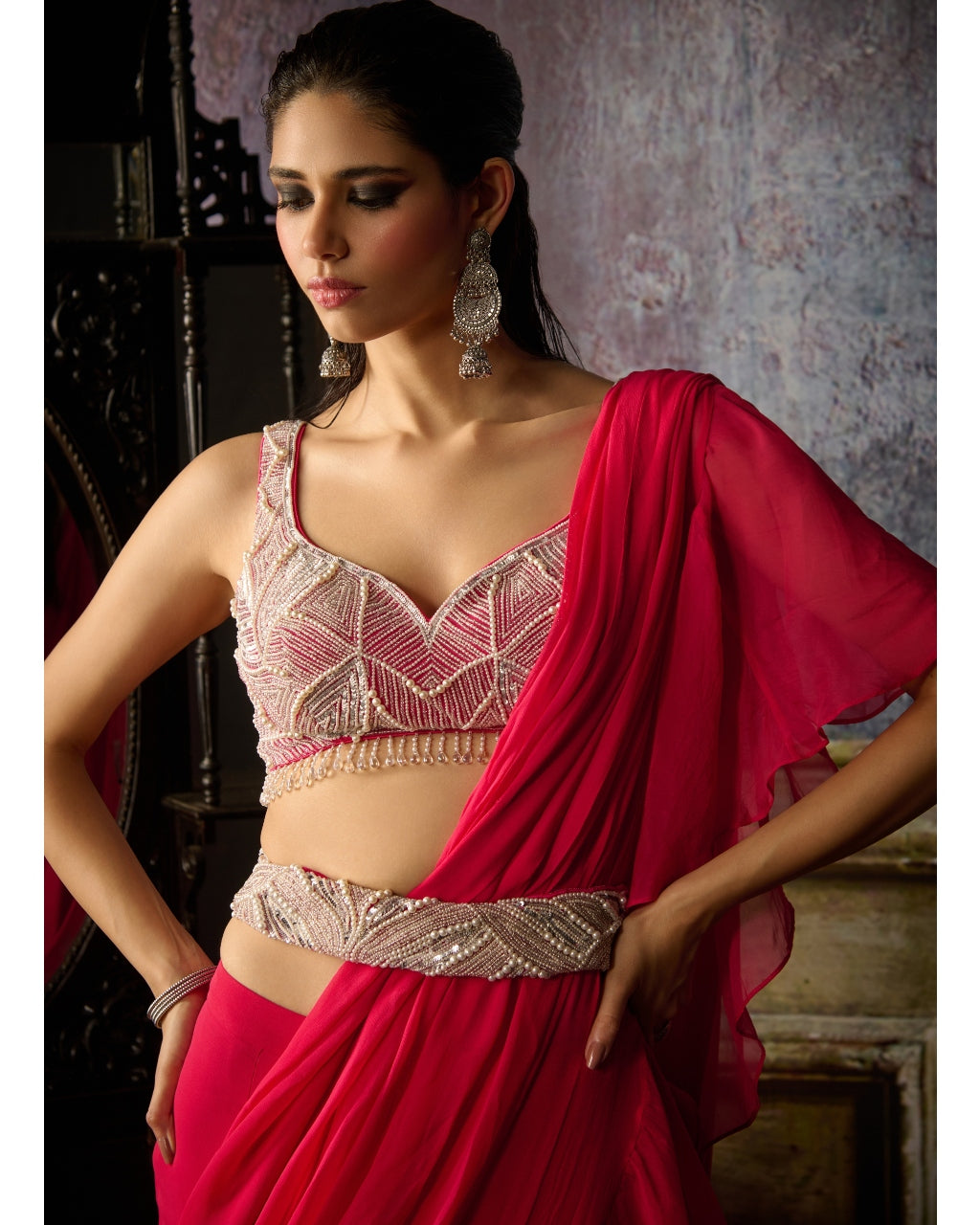 Fuchsia Embroidered Blouse And Ruffle Sari Set