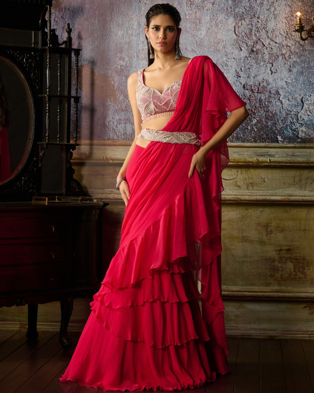 Fuchsia Embroidered Blouse And Ruffle Sari Set