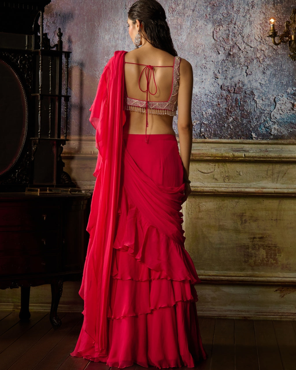 Fuchsia Embroidered Blouse And Ruffle Sari Set