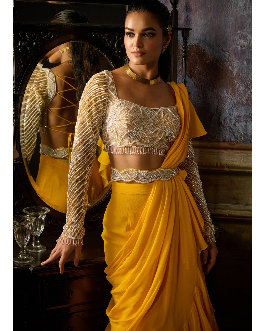 Yellow Embroidered Blouse And Ruffle Sari Set