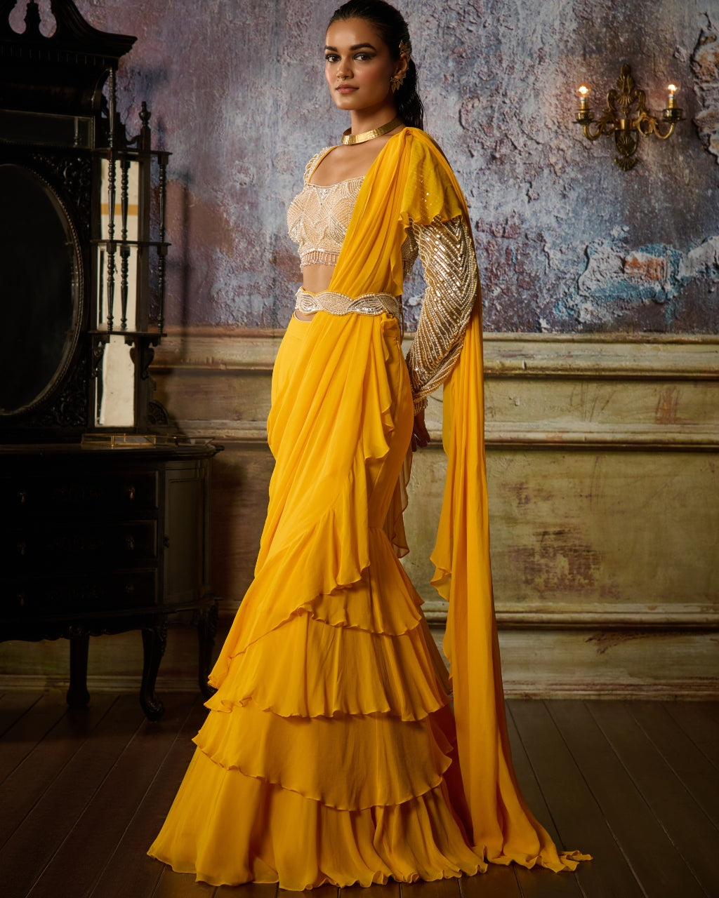 Yellow Embroidered Blouse And Ruffle Sari Set