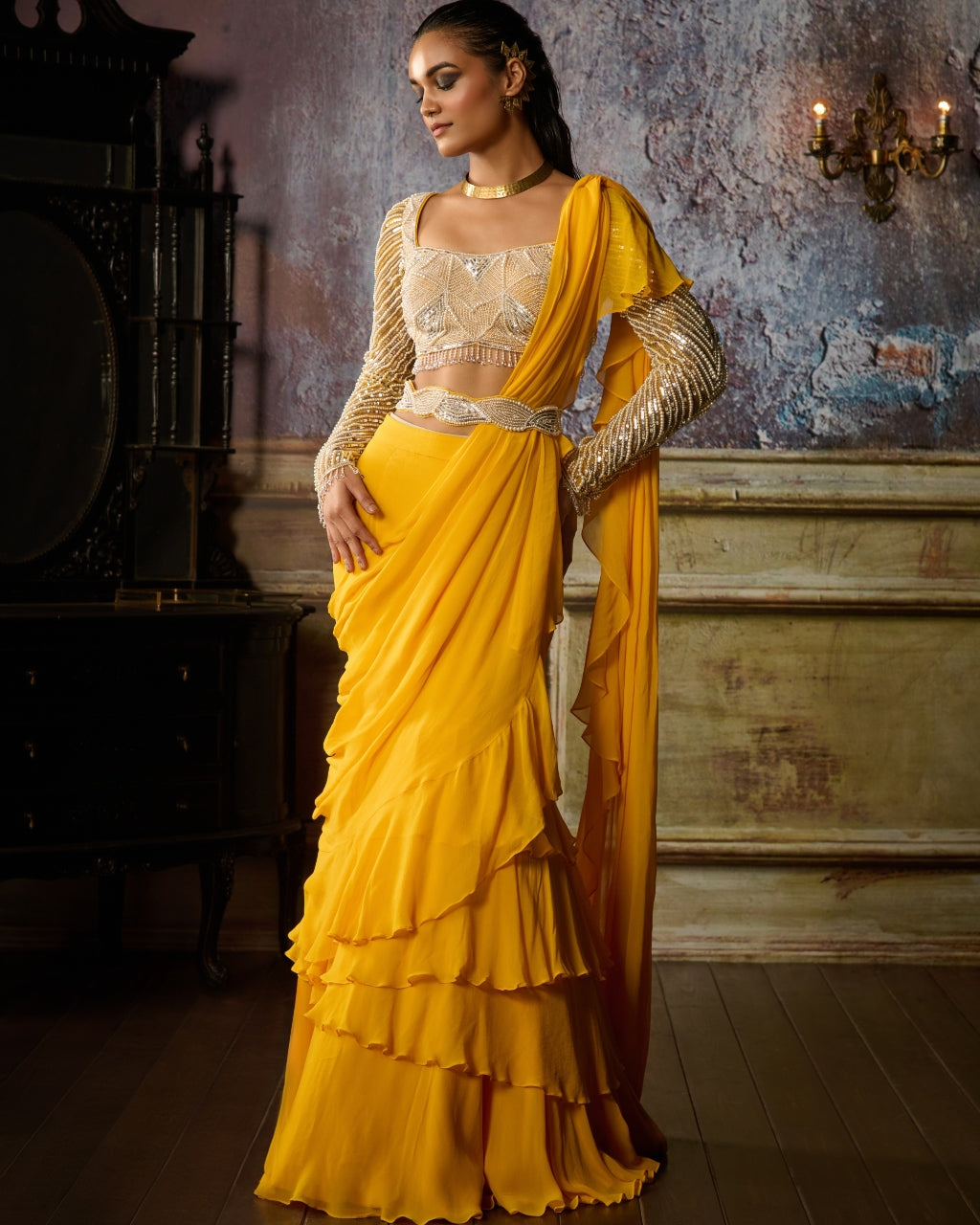 Yellow Embroidered Blouse And Ruffle Sari Set