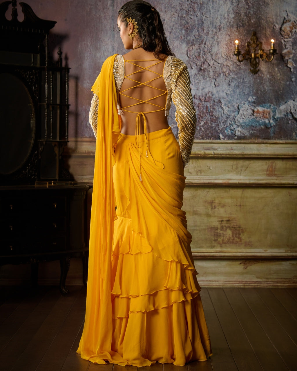 Yellow Embroidered Blouse And Ruffle Sari Set