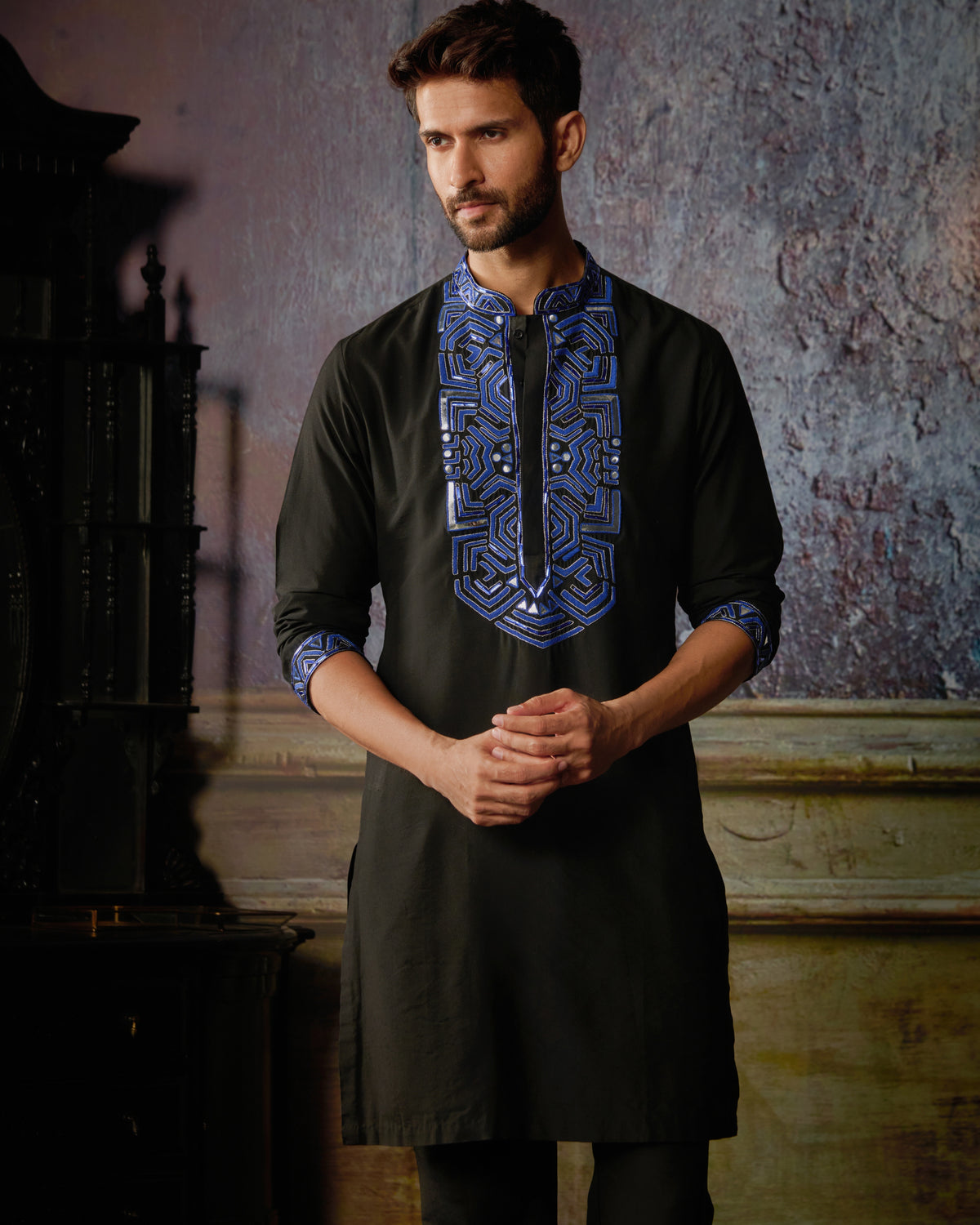 Black With Blue Yoke Embroidered Kurta With Black Pants