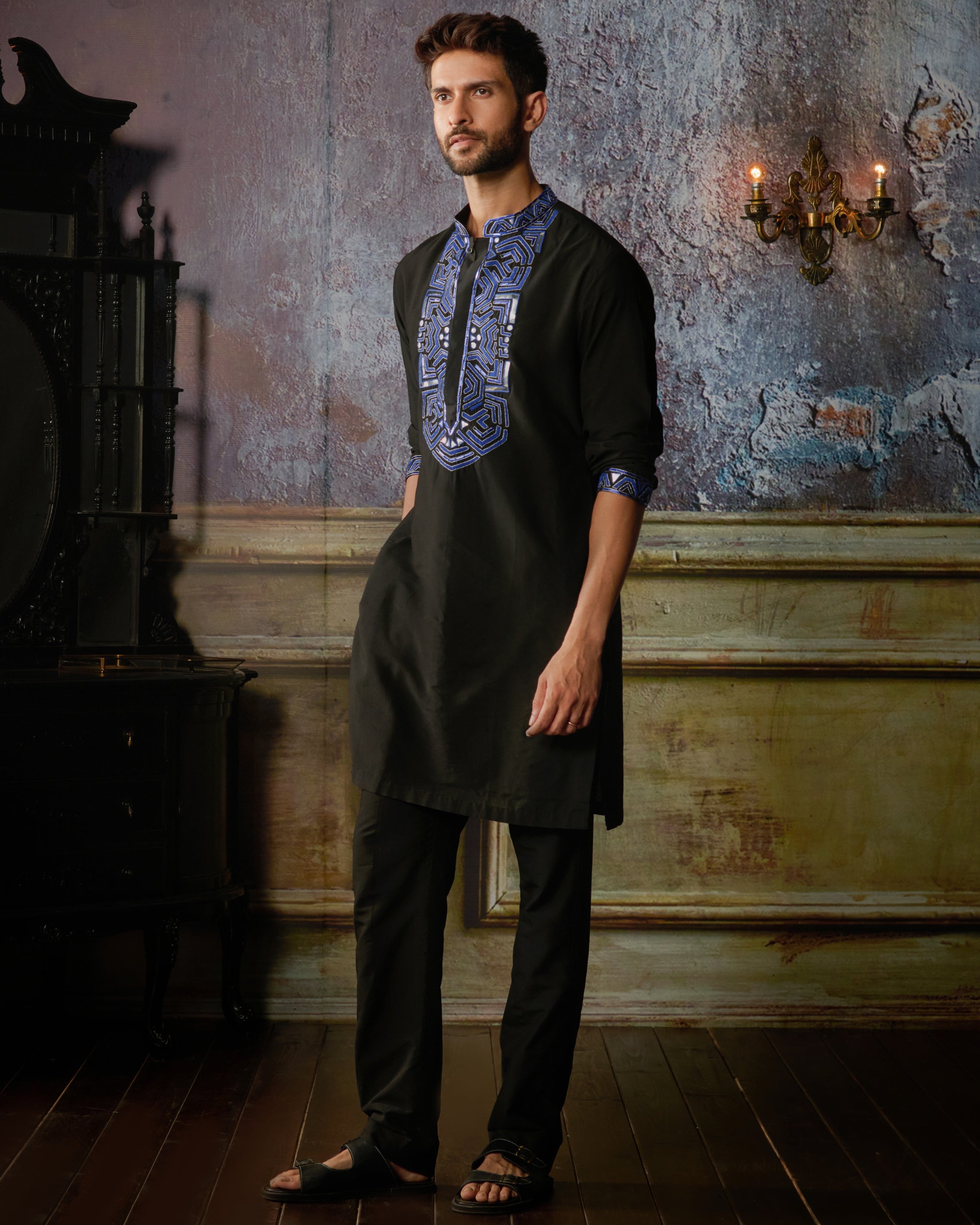 Black With Blue Yoke Embroidered Kurta With Black Pants