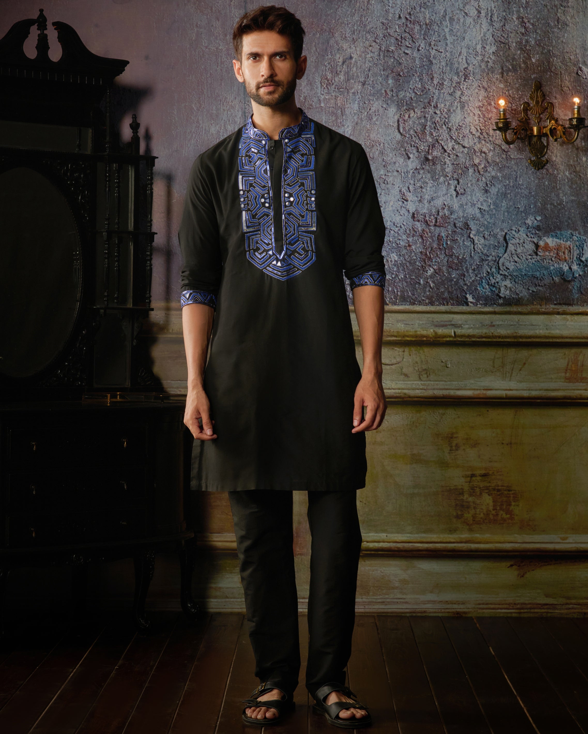 Black With Blue Yoke Embroidered Kurta With Black Pants