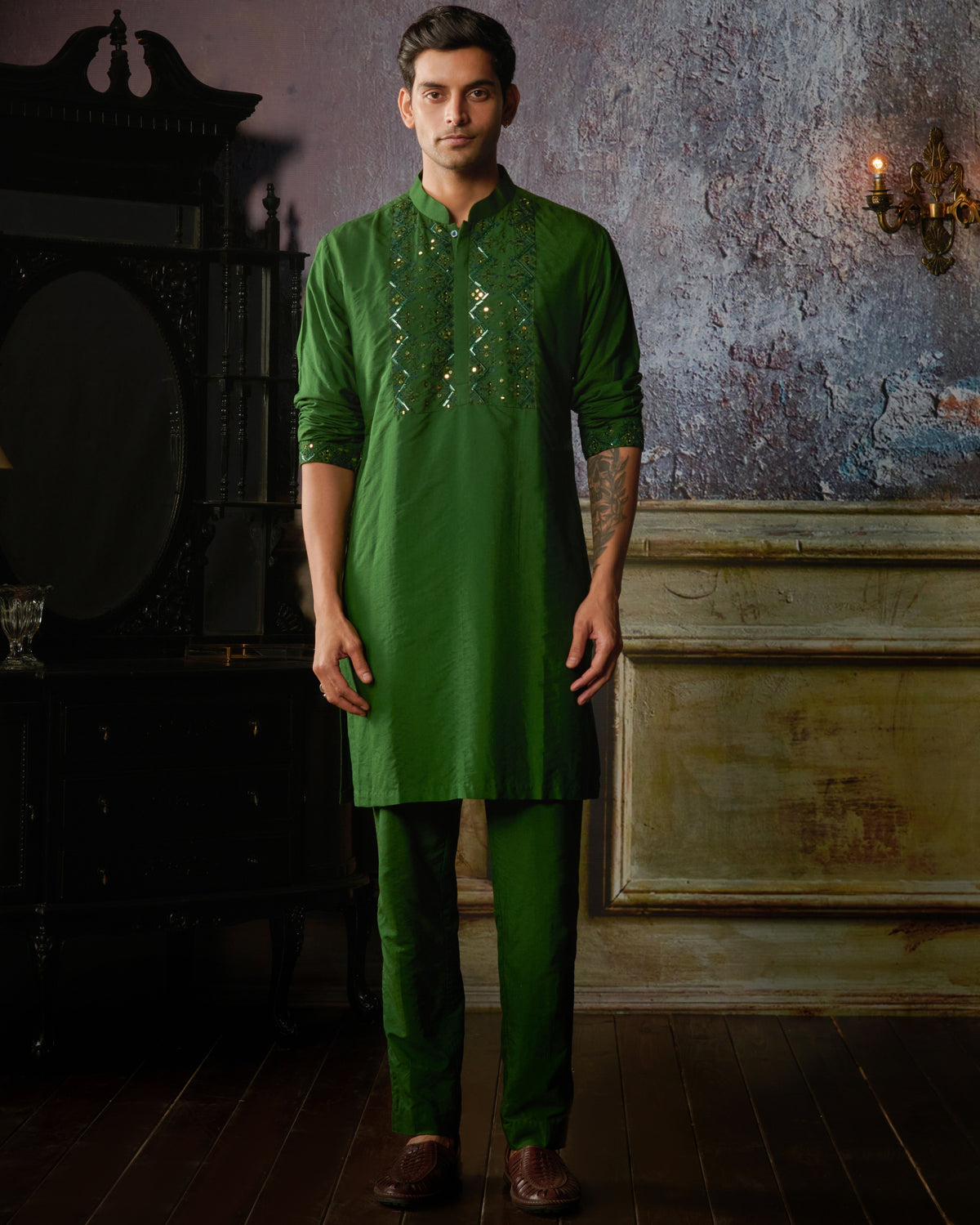 Olive Green Yoke Embroidered Kurta With Olive Green Pants