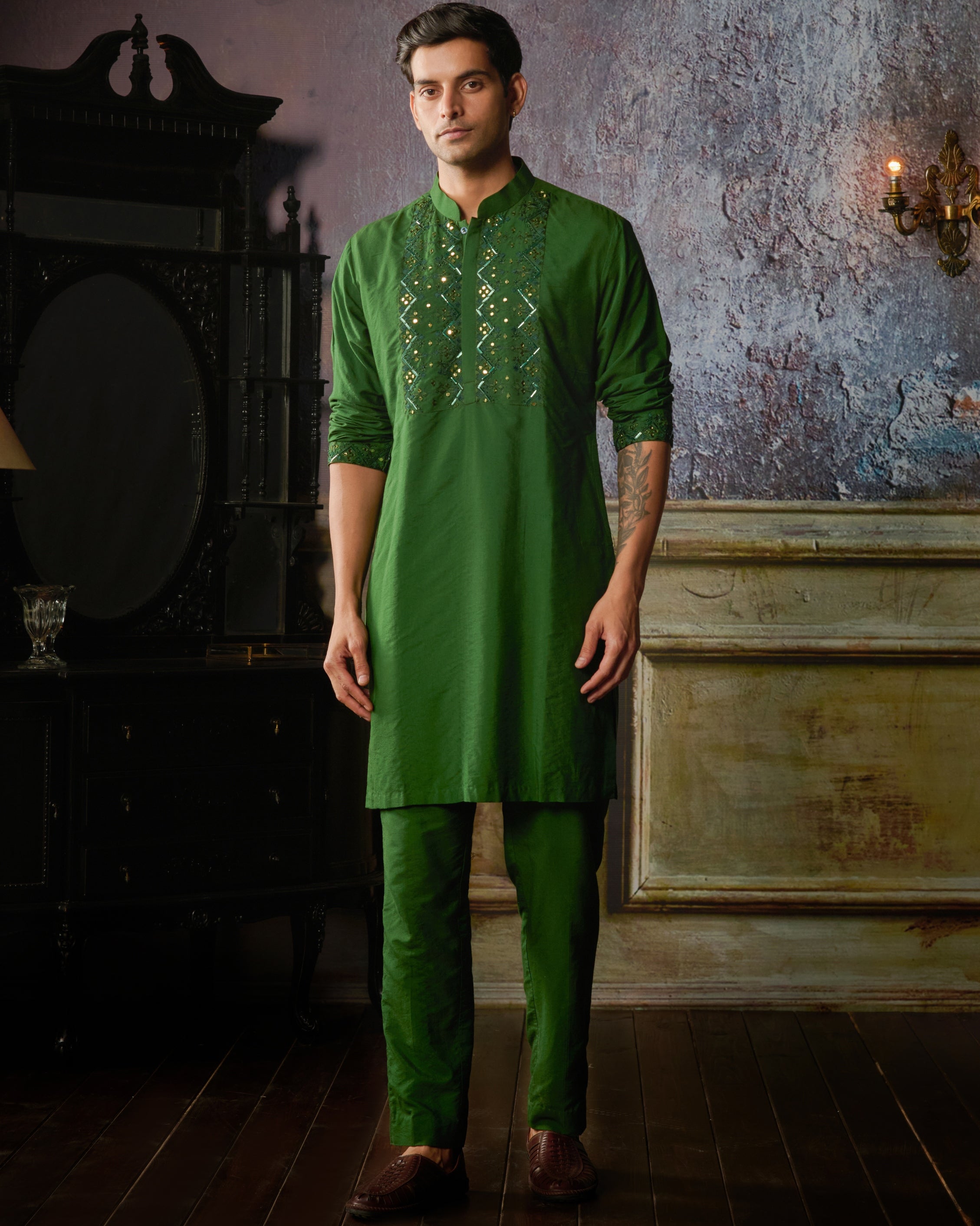 Olive Green Yoke Embroidered Kurta With Olive Green Pants