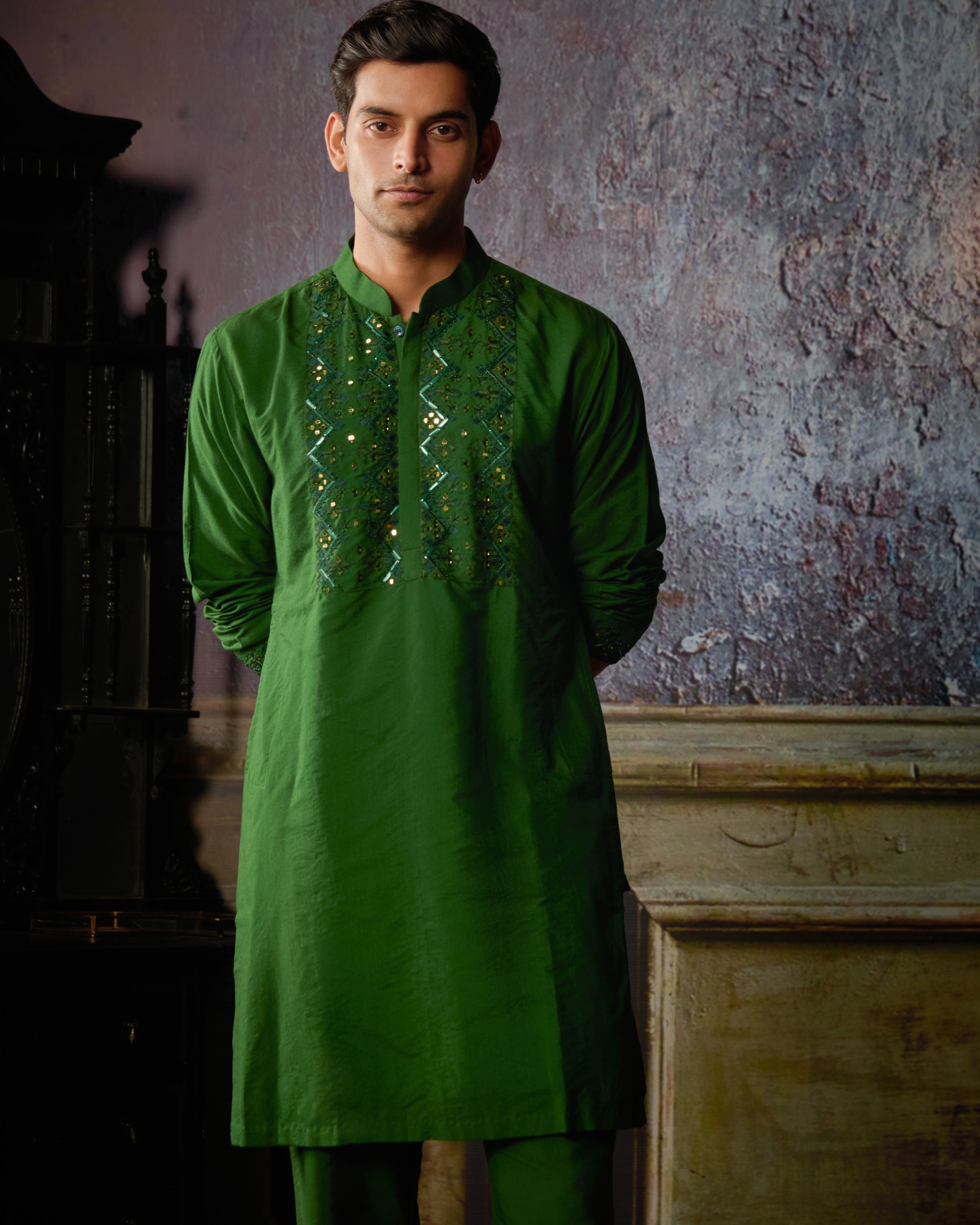 Olive Green Yoke Embroidered Kurta With Olive Green Pants