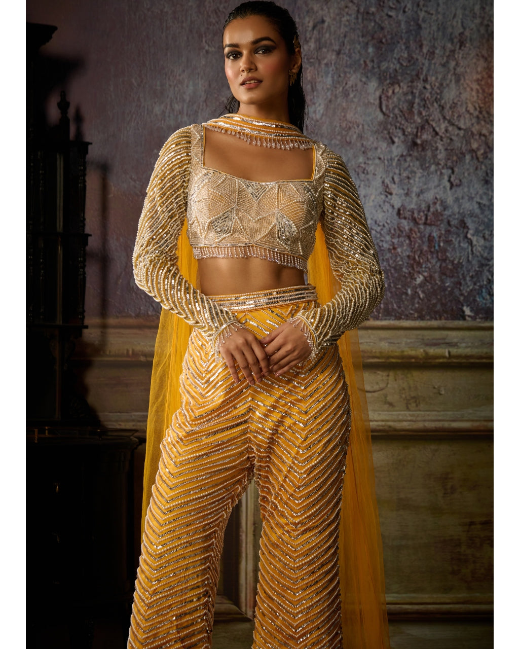 Yellow Fully Embroidered Blouse, Pant And Choker Dupatta