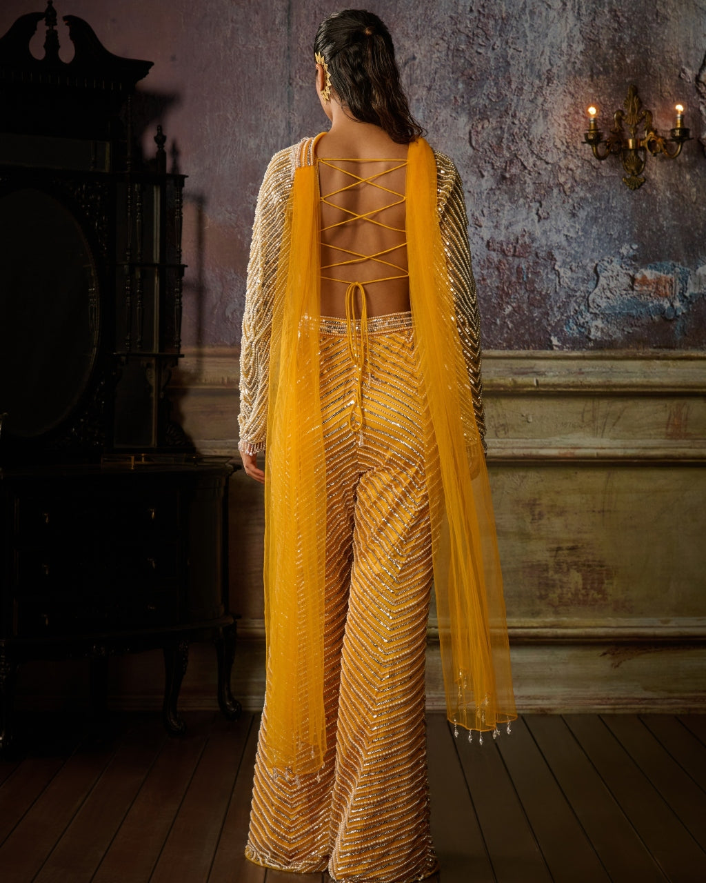 Yellow Fully Embroidered Blouse, Pant And Choker Dupatta