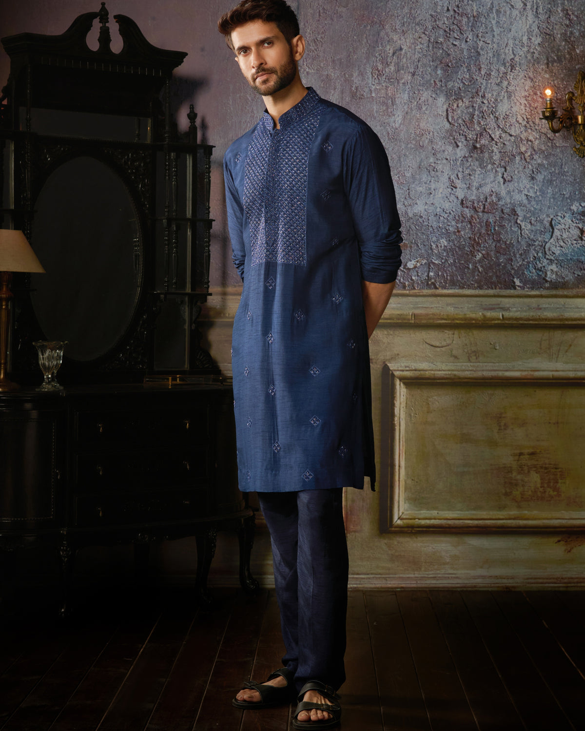 Dark Blue Yoke & Butta Embroidered Kurta With Dark Blue Pants