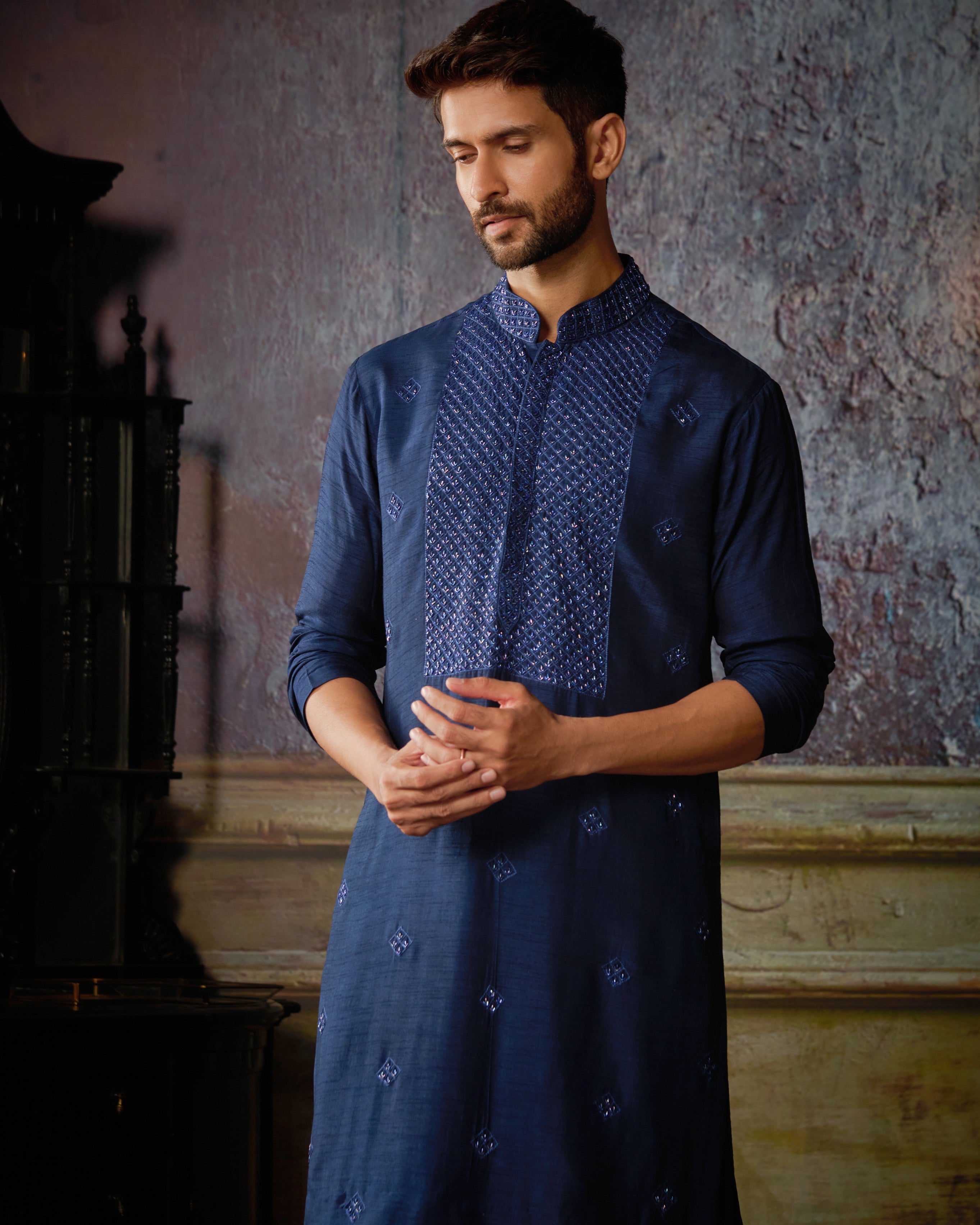 Dark Blue Yoke & Butta Embroidered Kurta With Dark Blue Pants