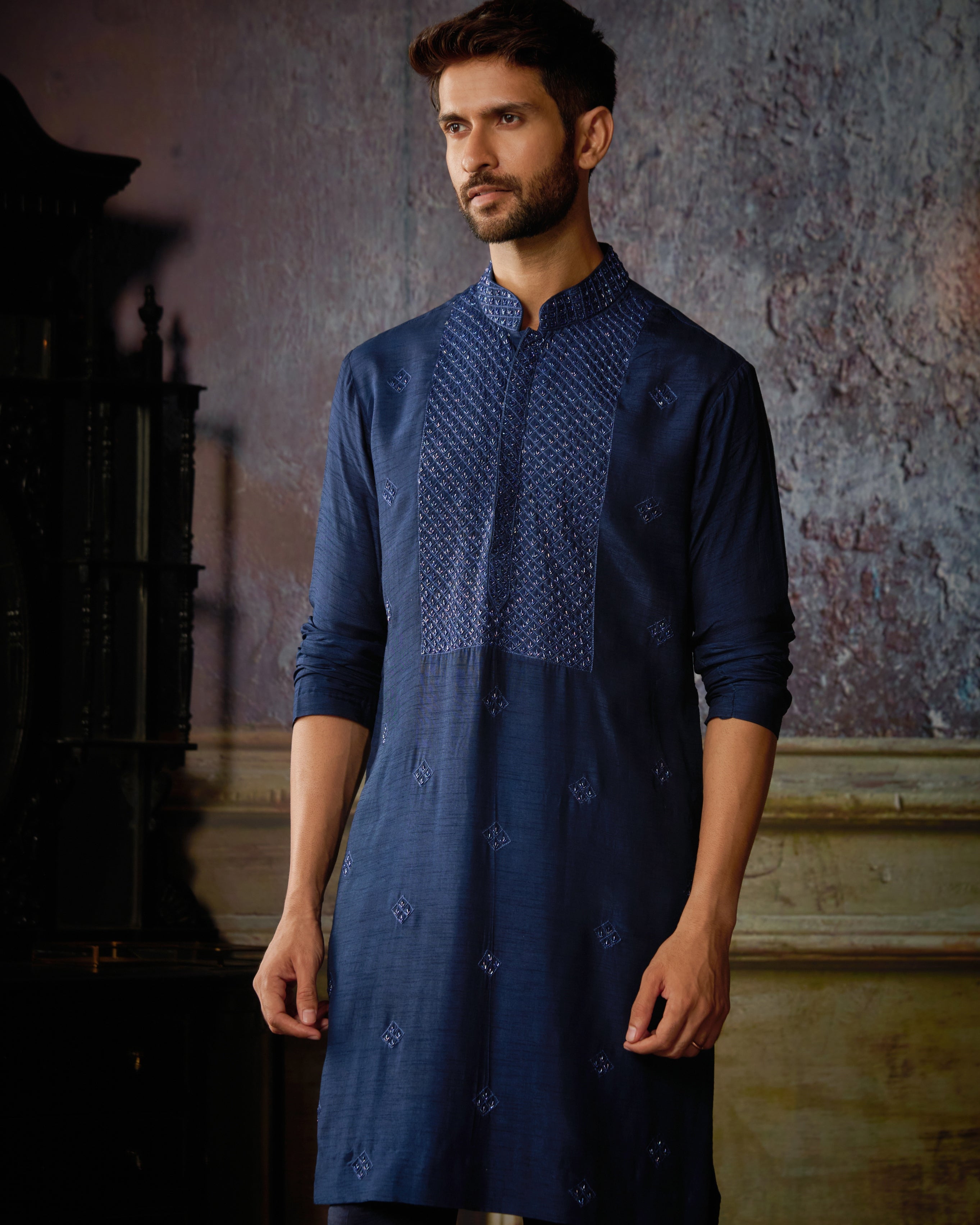 Dark Blue Yoke & Butta Embroidered Kurta With Dark Blue Pants