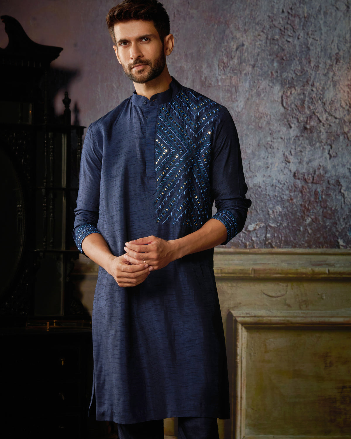 Dark Blue Thread & Mirror Embroidered Kurta With Dark Blue Pants