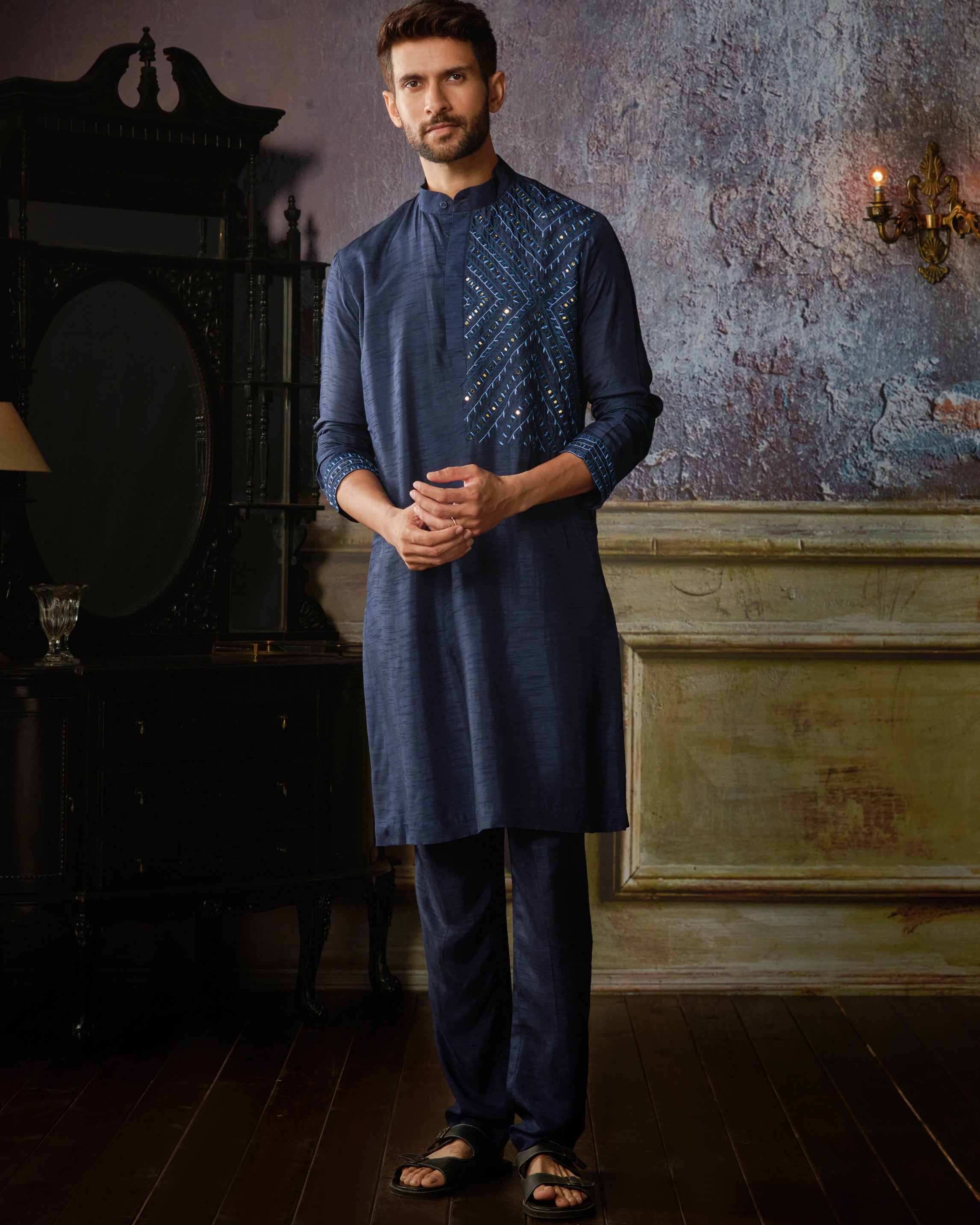 Dark Blue Thread & Mirror Embroidered Kurta With Dark Blue Pants