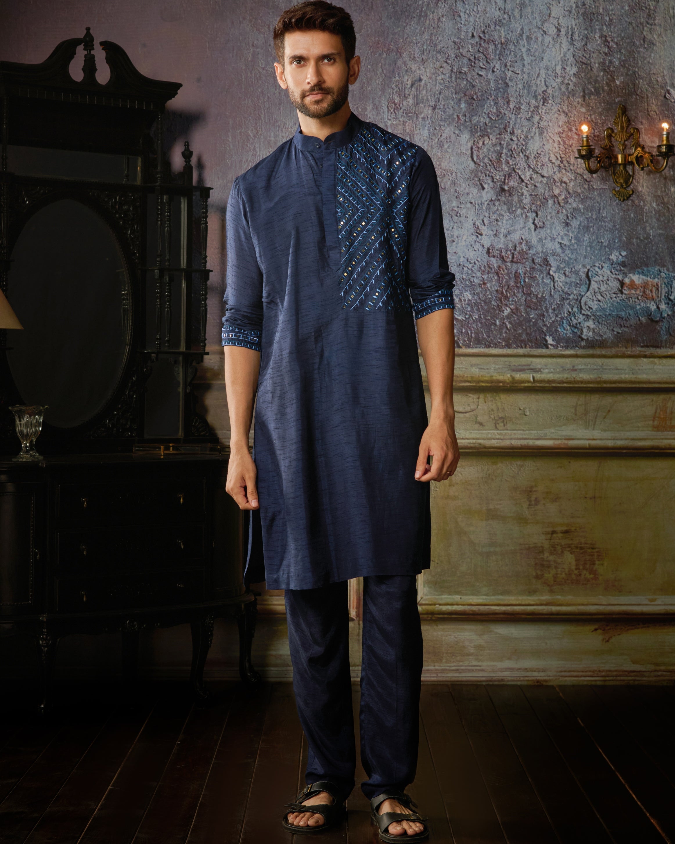 Dark Blue Thread & Mirror Embroidered Kurta With Dark Blue Pants