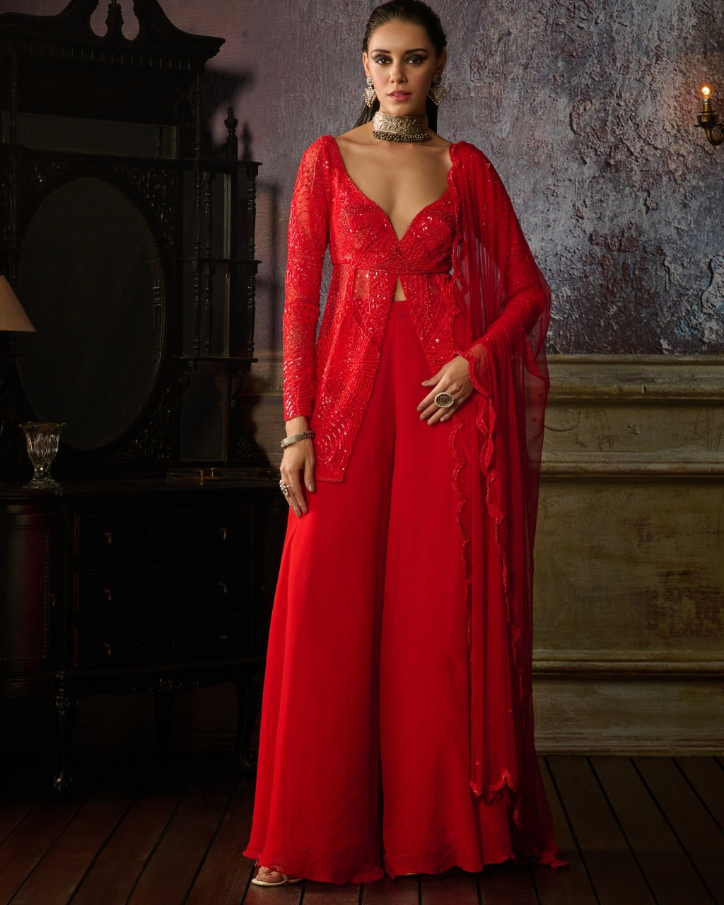 Red Embroidered Peplum With Organza Sharara And Dupatta