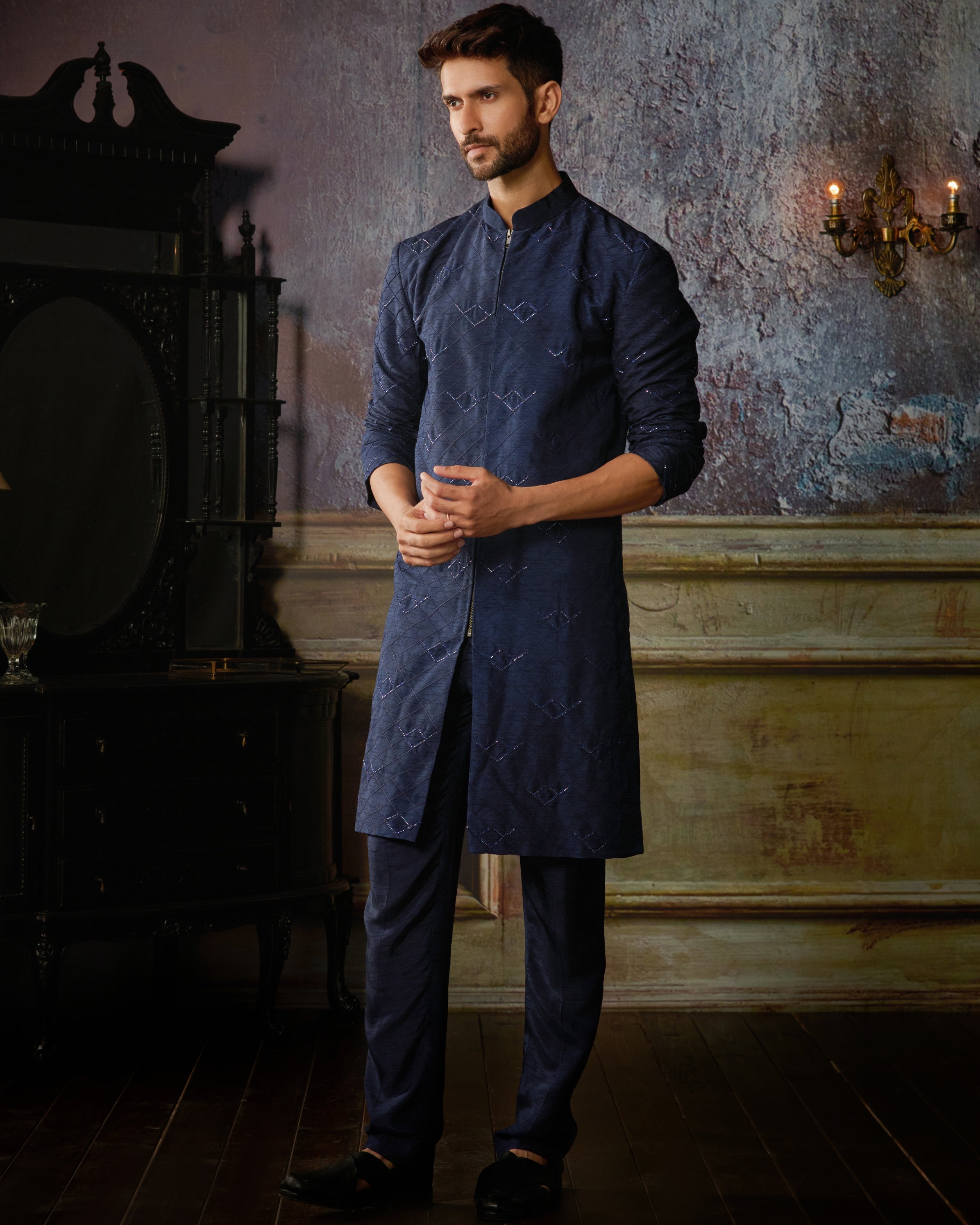 Dark Blue Texture With Arrow Embroidered Kurta With Solid Pants