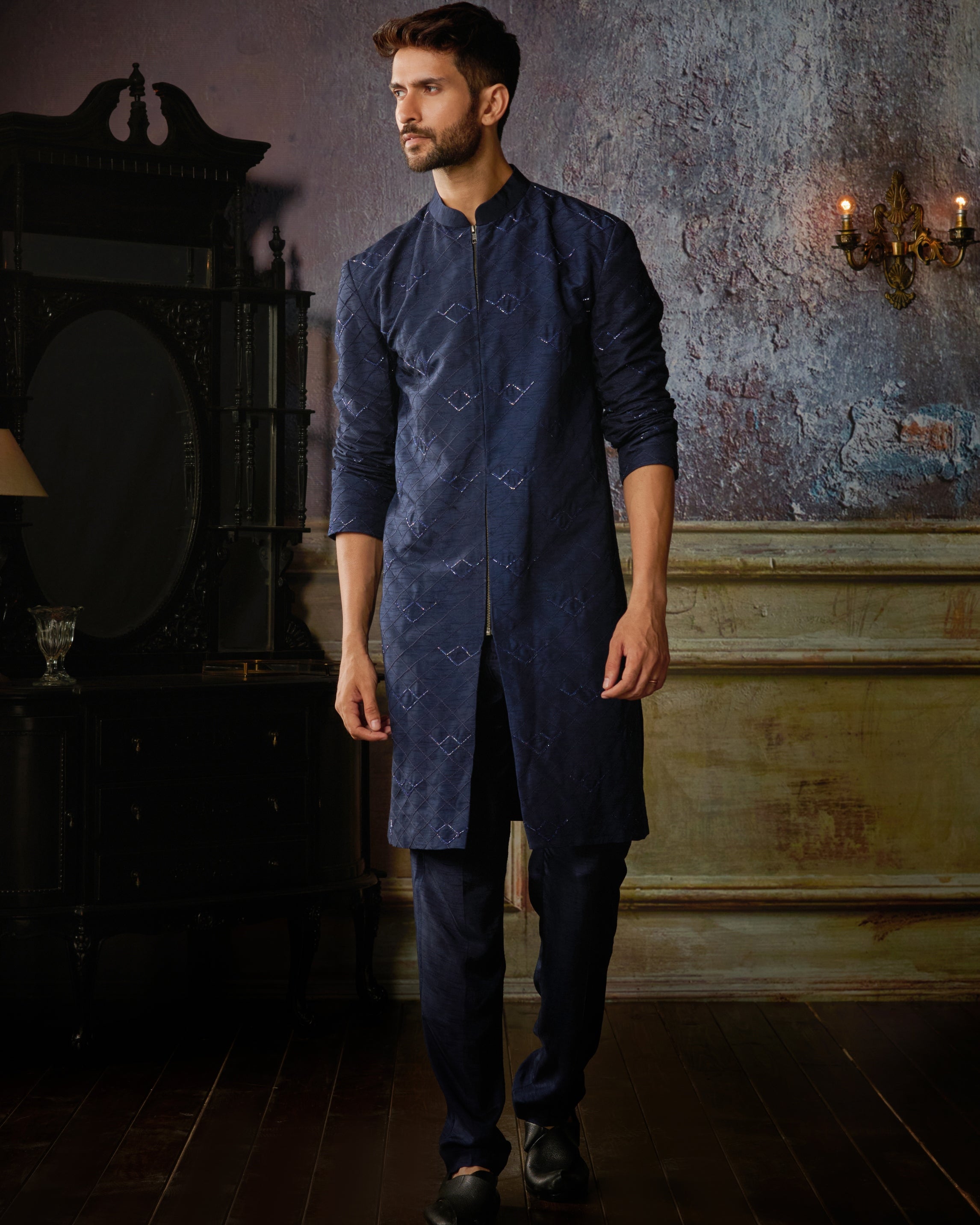 Dark Blue Texture With Arrow Embroidered Kurta With Solid Pants