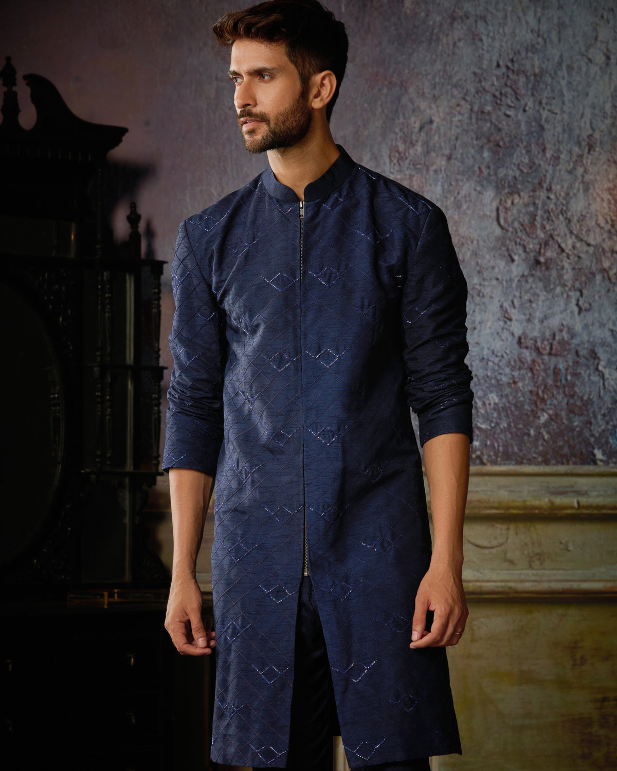 Dark Blue Texture With Arrow Embroidered Kurta With Solid Pants