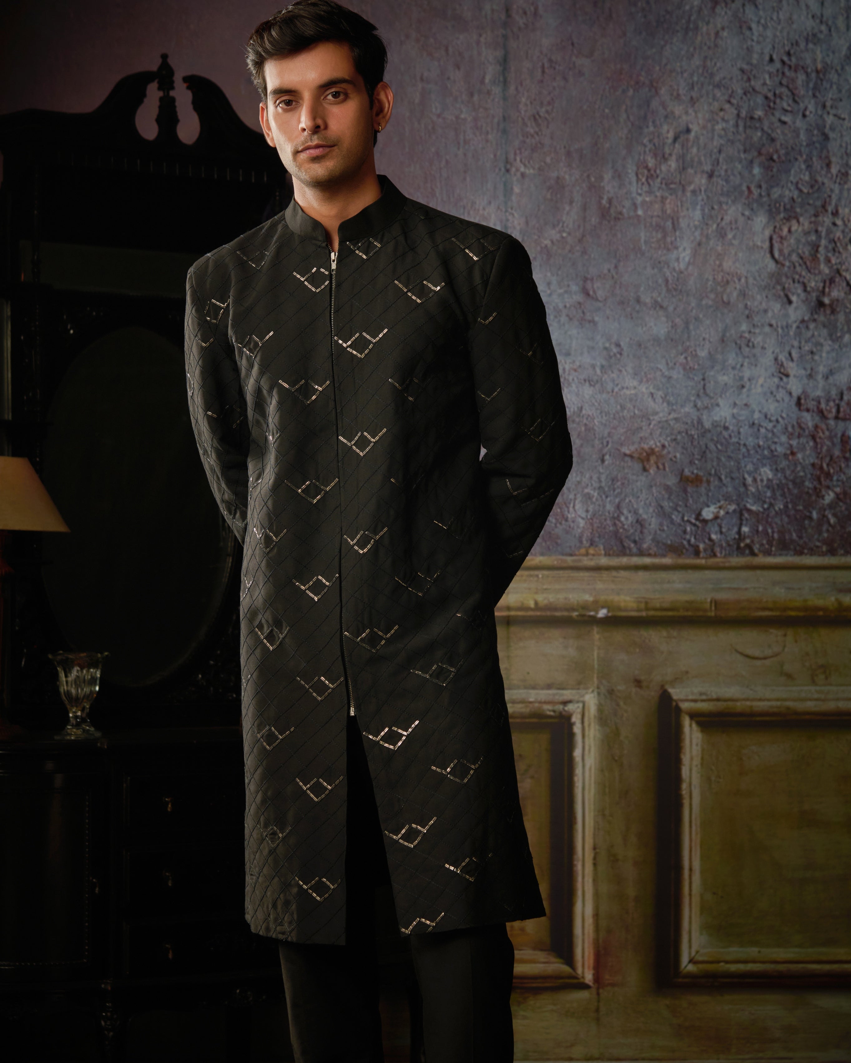 Black Textured With Arrow Embroidered Kurta With Black Pants