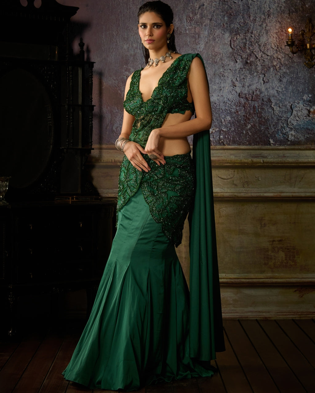 Bottle Green Embroidered Mermaid Sari Set