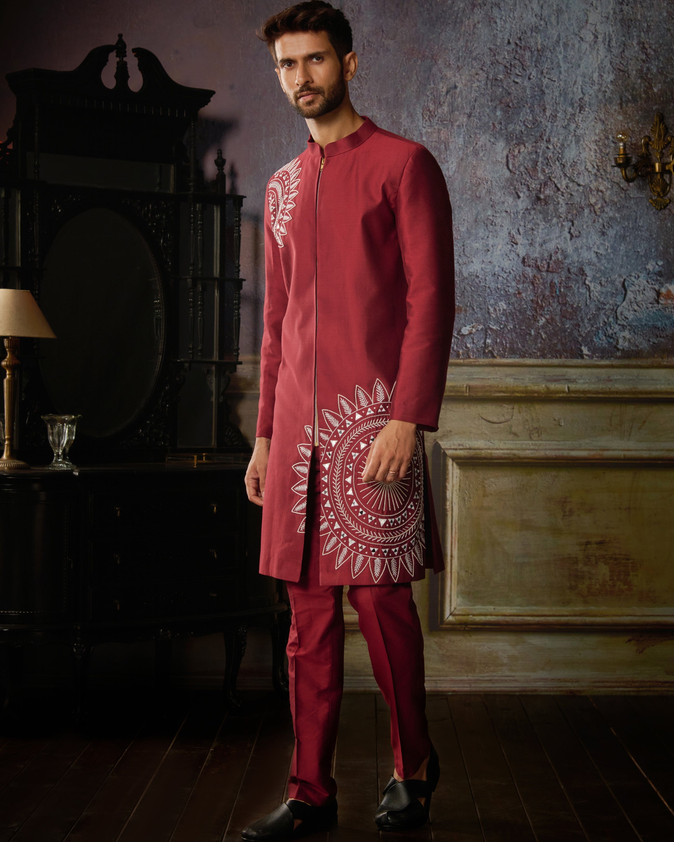 Maroon With Ivory Circle Thikri Embroidered Jacket With Maroon Pants