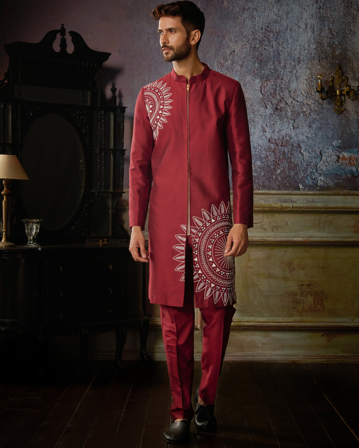 Maroon With Ivory Circle Thikri Embroidered Jacket With Maroon Pants