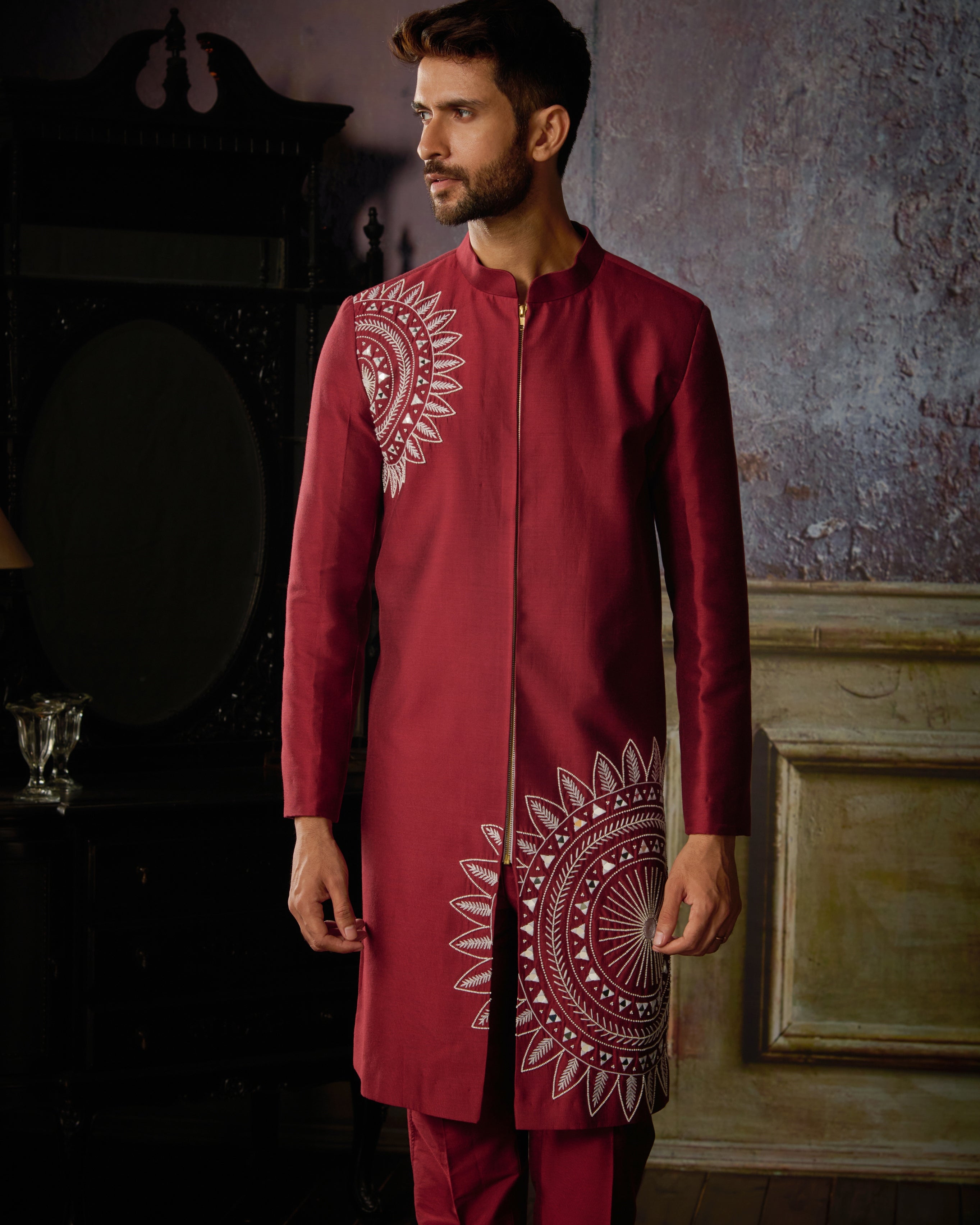 Maroon With Ivory Circle Thikri Embroidered Jacket With Maroon Pants