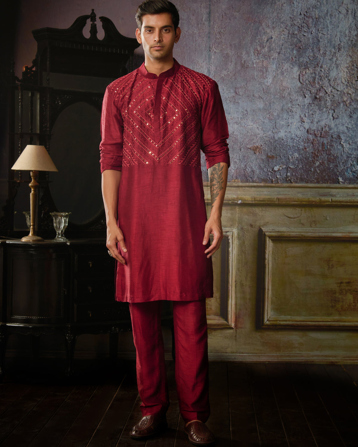 Maroon Thread And Mirror Embroidered Kurta With Maroon Pants