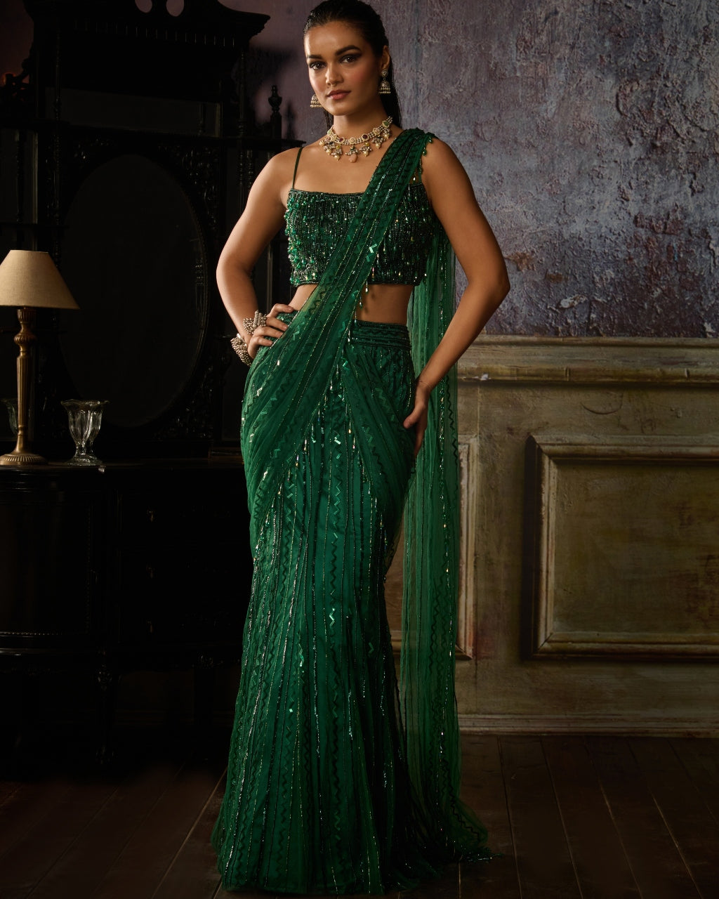 Bottle Green Mermaid Pre Draped Skirt Sari