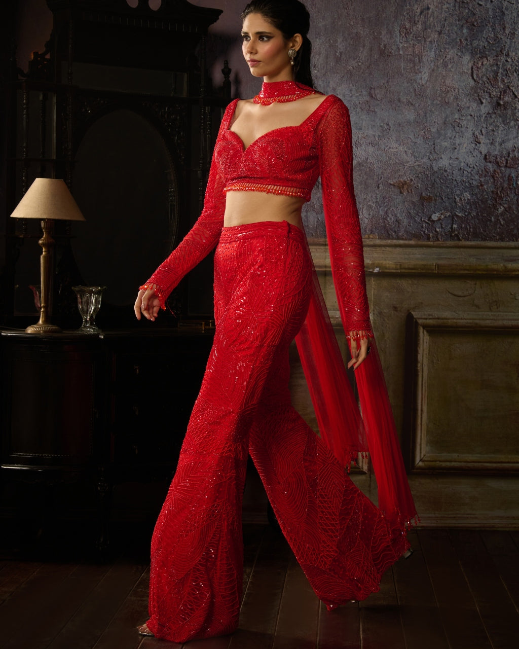 Red Embroidered Blouse With Red Embroidered Pant And Choker Dupatta