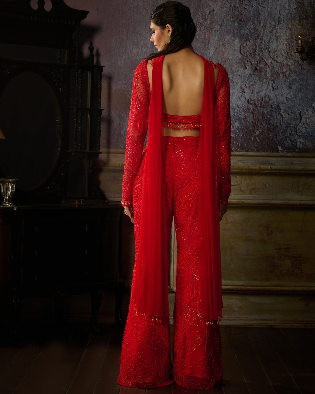 Red Embroidered Blouse With Red Embroidered Pant And Choker Dupatta