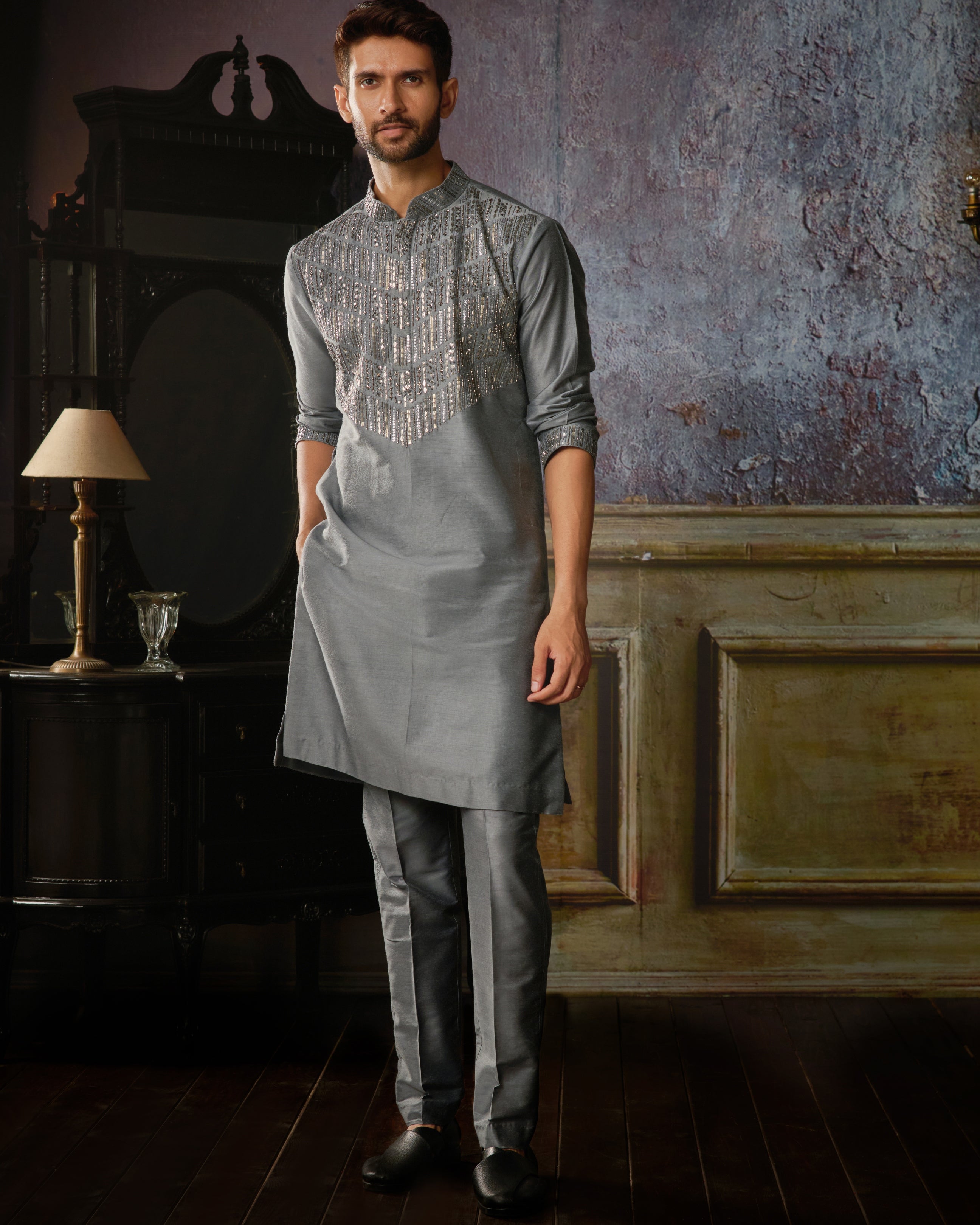 Grey With Gunmetal Embroidered Kurta With Grey Pants